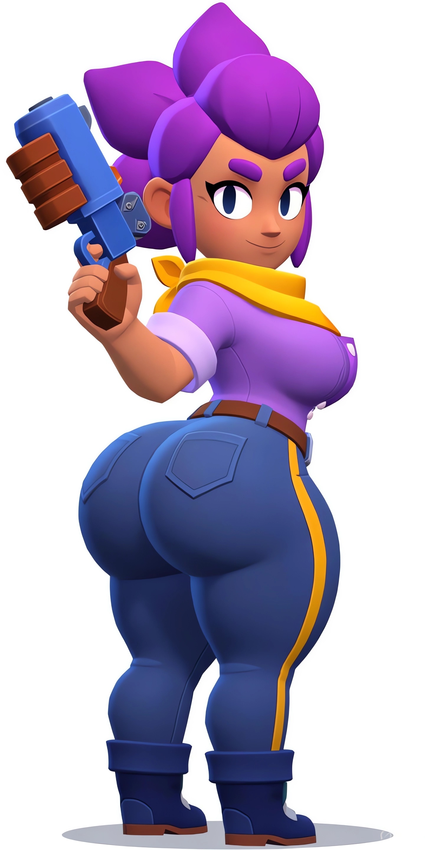 1girls, ai generated, ass, back view, big ass, black eyes, brasil louco, brawl stars, bubble ass, bubble butt, female, female focus, female only, full body, hair, huge ass, human, looking back, purple hair, seductive, seductive look, seductive smile, shelly (brawl stars), simple background, smile, solo, solo female, solo focus, supercell, tagme, white background