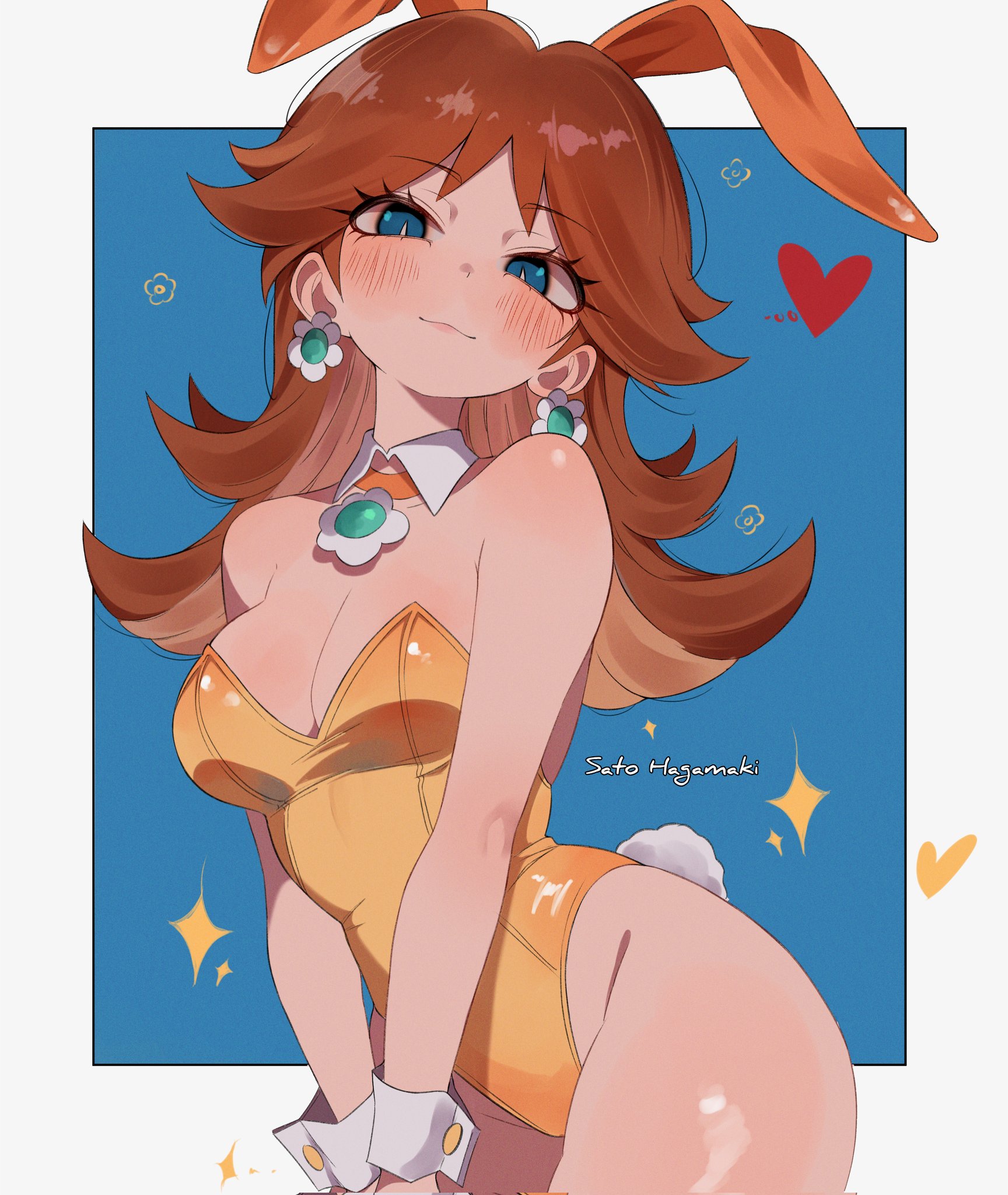 animal ears, artist name, bare shoulders, blue eyes, blush, blush lines, blushing, breasts, brooch, brown hair, bunny daisy, bunny ears, bunny tail, bunnysuit, cleavage, closed mouth, collarbone, detached sleeves, earrings, fake animal ears, fake tail, female, flipped hair, flower brooch, flower earrings, heart, highres, jewelry, leotard, long hair, looking at viewer, mario (series), medium breasts, nintendo, playboy bunny, princess daisy, sato hagamaki, smile, solo, super mario land, super mario land 2, tail, thick thighs, thighs, thin waist, white wrist cuffs, wide hips, wrist cuffs, yellow leotard