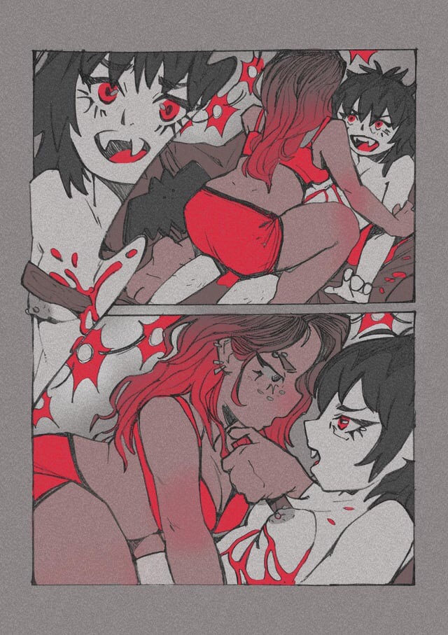 2dickgirls, betrayal, black hair, blood, blood on breasts, breasts, brown hair, dark skin, death, doomed yuri, fangs, female death, femme fatale, freckles, opalgleamer, piercings, pointy ears, red bra, red eyes, red hair, red highlights, red panties, snuff, stabbing, t4t, toxic yuri, trans woman, trans woman (lore), vampire, vampire girl, white body, wooden stake, yuri