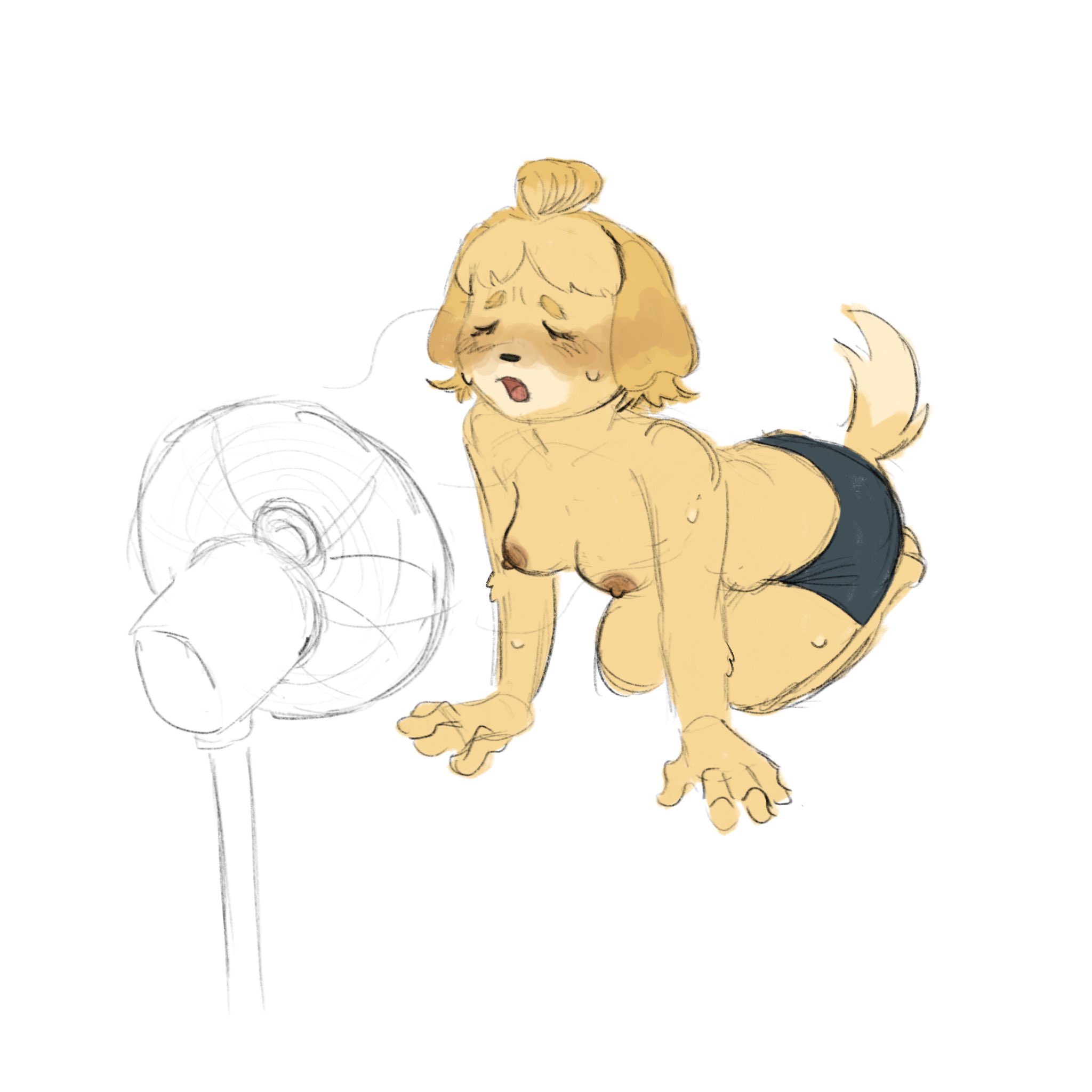 2025, all fours, animal crossing, anthro, areola, biped, bodily fluids, bottomwear, breasts, canid, canine, canis, cleavage, closed eyes, clothed, clothing, cyberpawzz, digital drawing (artwork), digital media (artwork), domestic dog, electric fan, female, fur, hi res, isabelle (animal crossing), mammal, nintendo, nipples, open mouth, oscillating fan, pencil skirt, raised tail, shih tzu, skirt, solo, sweat, sweaty arms, sweaty face, sweaty legs, tail, topless, topless anthro, topless female, toy dog, yellow body, yellow fur