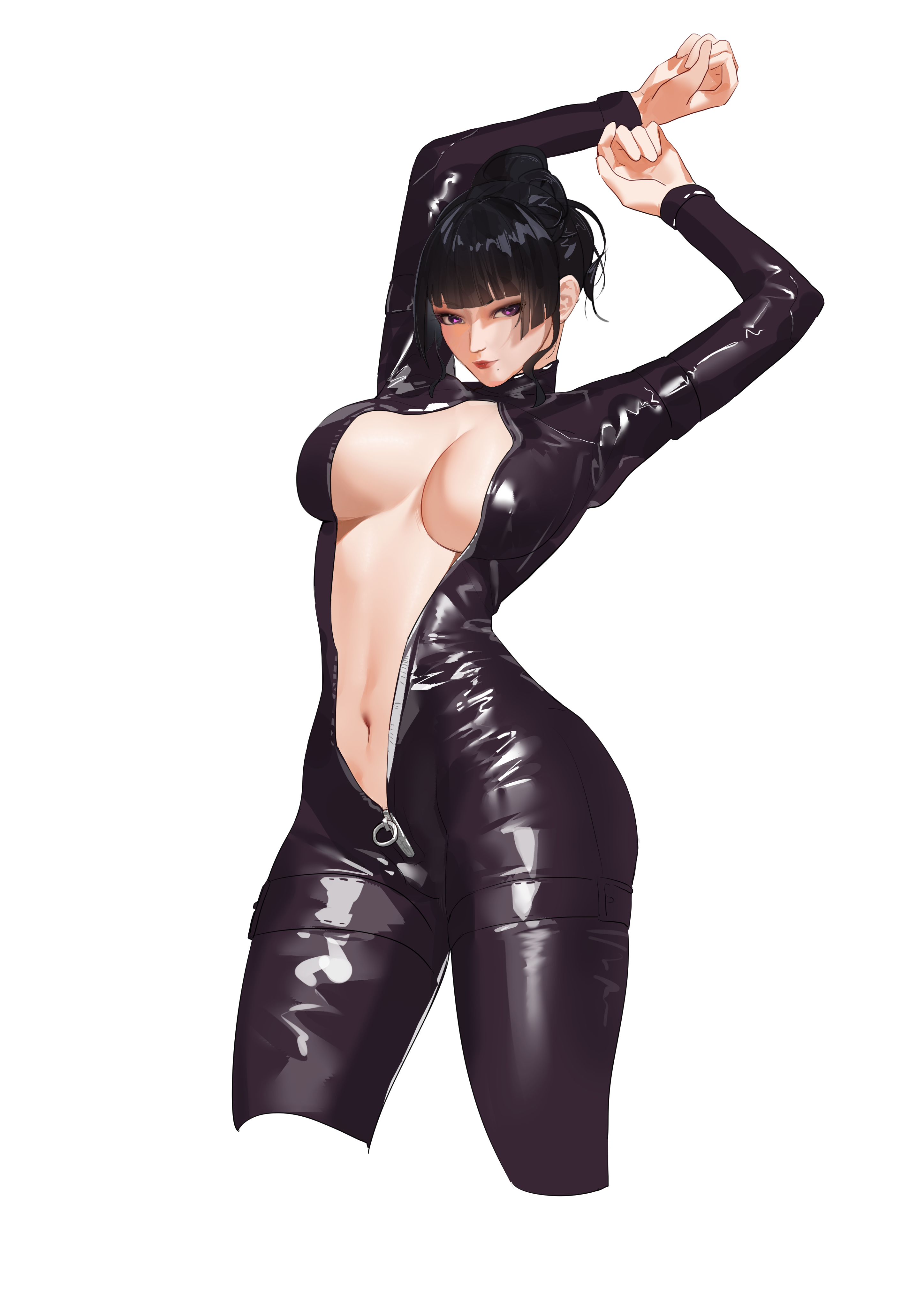 1girls, 2025, alluring, big breasts, black hair, bodysuit, breasts, catsuit, color, colored, curvaceous, curvaceous body, curvaceous female, curvaceous figure, curvaceous hips, curvy, curvy body, curvy female, curvy figure, curvy hips, dead or alive, enticing, female, hips, hourglass figure, light skin, light-skinned female, looking at viewer, nyotengu, open bodysuit, open clothes, pinup, purple hair, raywallin, red lipstick, seducing, seductive, seductive look, shiny, shiny clothes, skin tight, slim, slim waist, teasing, teasing viewer, temptation, tempting, tempting viewer, thick breasts, tight clothes, tight clothing, unzipped, unzipped bodysuit, voluptuous, voluptuous female, white background