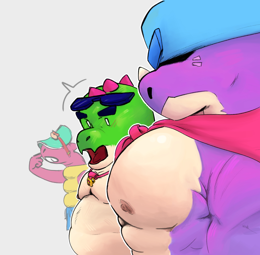 absurd res, bara, big belly, big chest, big pecs, bodybuilder, brawl stars, buzz (brawl stars), chest, chubby, dinosaur, doug (brawl stars), fat, gay, huge chest, huge pecs, lizardman, looking at chest, looking at pecs, meme, muscular, pecs, pierce (brawl stars), trio, yaoi