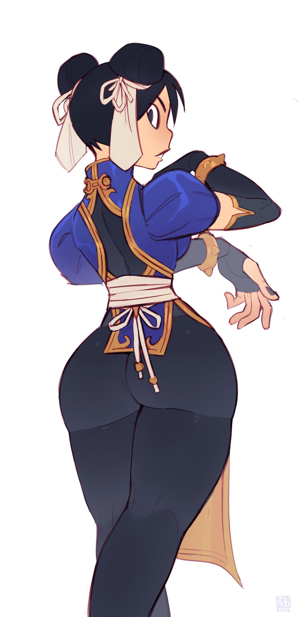 1girls, asian, asian female, ass, back view, black hair, capcom, chun-li, crossed legs, facing away, female, female focus, female only, foresttherotten, fully clothed, hair bun, hair ribbon, looking back at viewer, painted nails, solo, solo female, solo focus, street fighter, thick ass, thick thighs, video game character, white background