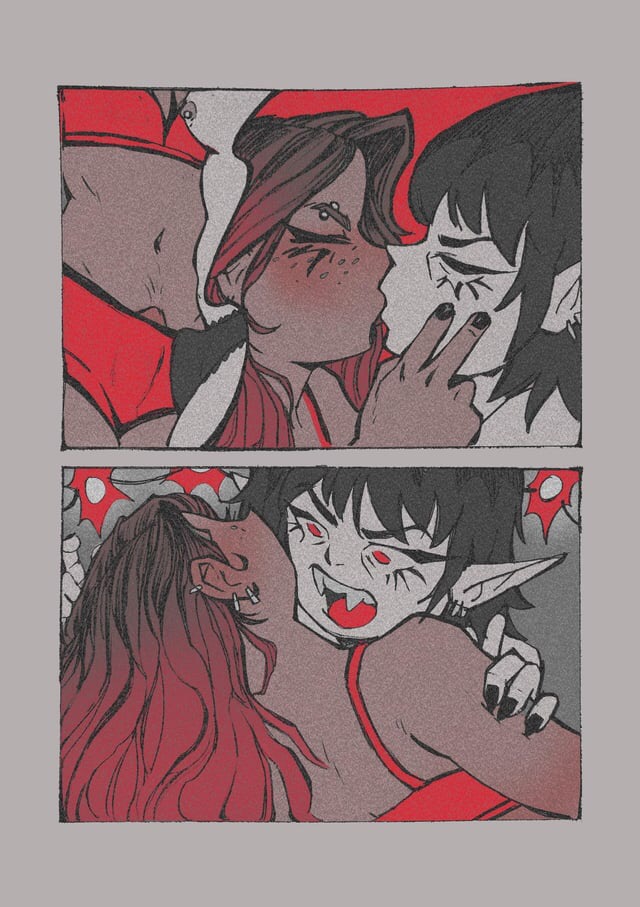 2dickgirls, black hair, black nails, black panties, breasts, brown hair, bulge, bulge through clothing, cameltail, dark skin, erection, erection under clothes, fangs, imminent bite, opalgleamer, piercings, pointy ears, red bra, red eyes, red hair, red highlights, red panties, t4t, trans woman, trans woman (lore), vampire, vampire girl, white body, yuri