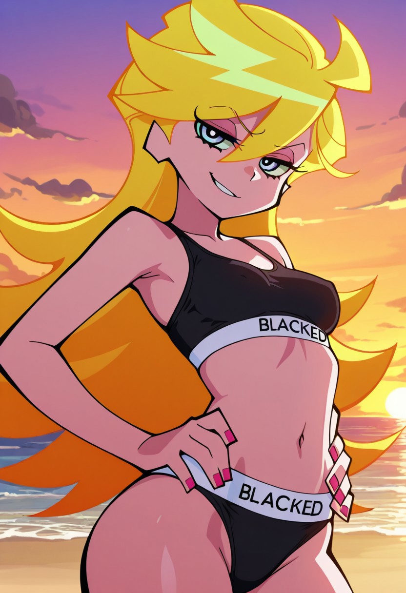 1girls, ai generated, blacked, blacked clothing, blonde hair, blue eyes, breasts, hands on hips, long hair, looking at viewer, medium breasts, outdoors, panties, panty & stocking with garterbelt, panty anarchy, smug, solo, sports bra, sunset