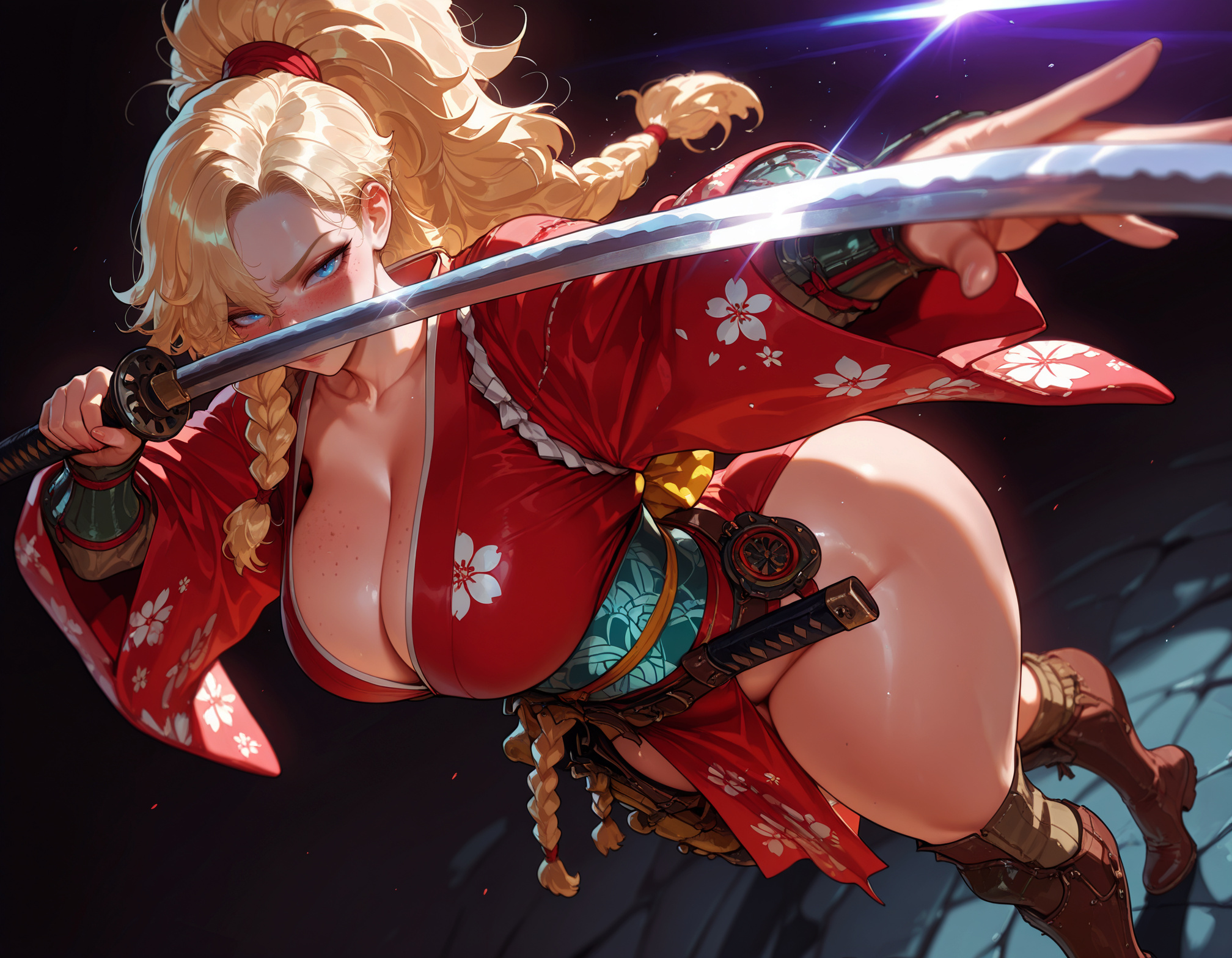 1girls, ai generated, balecxi, blonde hair, blue eyes, blush, boots, braid, breasts, brown footwear, cleavage, clothing, collarbone, curvaceous, curvaceous female, curvaceous figure, curvy, curvy figure, female, female focus, female only, floral print, footwear, freckles, gemma (monster hunter wilds), holding, holding object, holding sword, holding weapon, japanese clothes, katana, kimono, knee boots, large breasts, long hair, long sleeves, looking at viewer, mole, mole on breast, monster hunter, monster hunter wilds, no panties, obi, pelvic curtain, ponytail, presenting, presenting ass, presenting breasts, presenting hindquarters, presenting self, red kimono, robe, sash, sheath, single braid, solo, standing, sword, thick thighs, thighs, traditional clothes, twin braids, voluptuous, voluptuous female, wafuku, weapon, wide hips, wide sleeves
