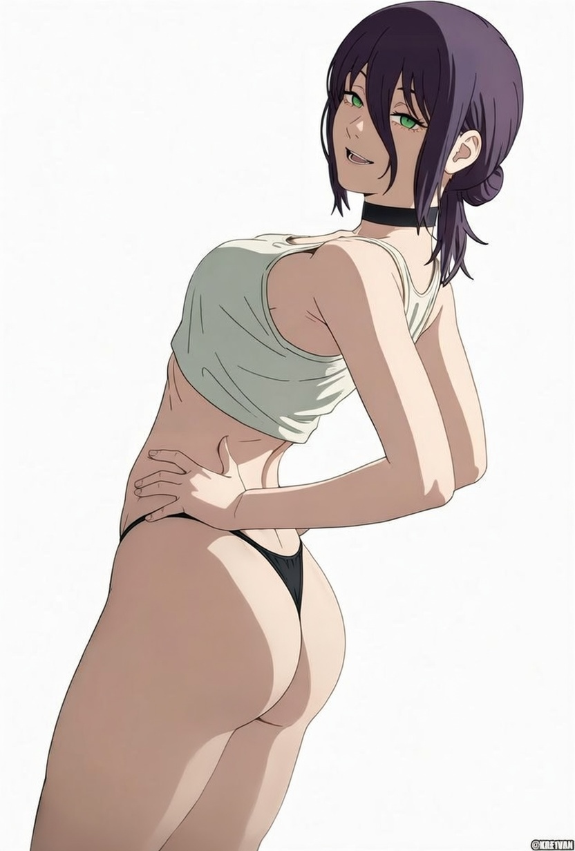 1girls, ai assisted, ai generated, big ass, big breasts, big butt, black underwear, chainsaw man, curvy, edit, female, green eyes, hands on hips, purple hair, reze (chainsaw man), shocker, smile, white shirt
