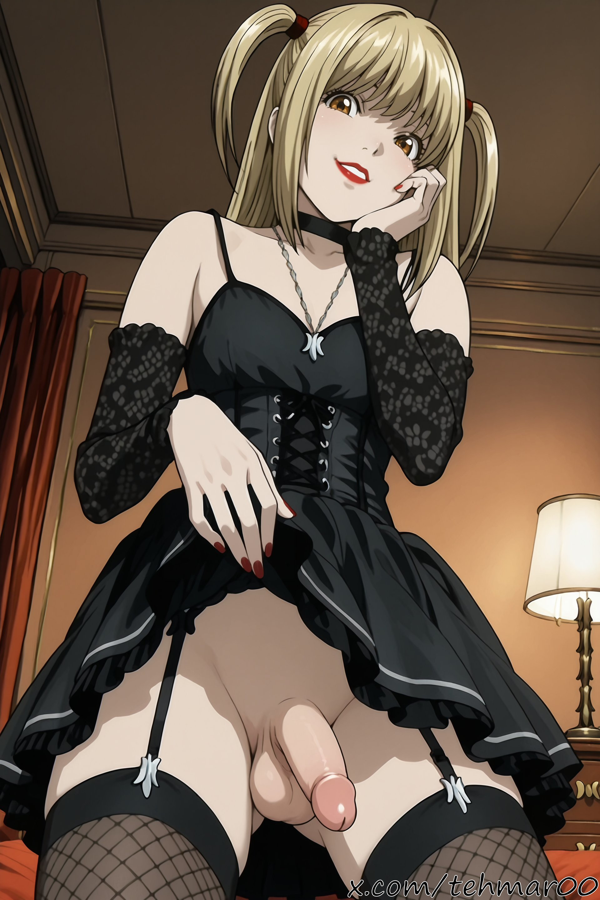 1boy, ai generated, black dress, blonde hair, blush, brown eyes, choker, clothes lift, death note, detached sleeves, dress, femboy, fishnets, fishnets,, foreskin, garter straps, genderswap (ftm), gothic, hand on own cheek, indoors, jewelry, lace, lipstick, looking at viewer, makeup, male, misa amane, nail polish, necklace, no panties, penis, red nails, rule 63, smile, solo, tagme, tehmar, testicles, thighhighs, trans woman, transfem, trap, twintails, two side up