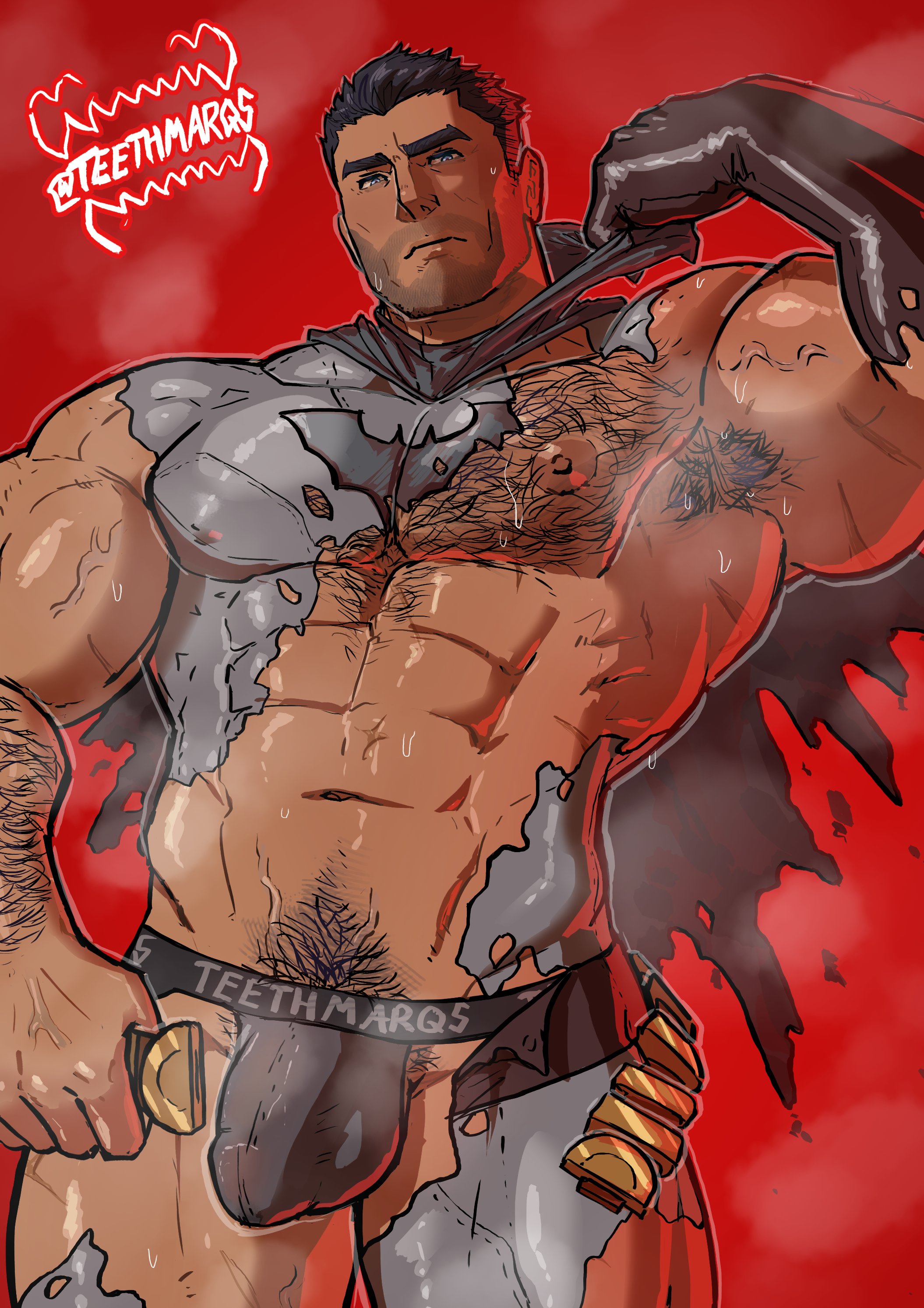 1boy, abs, artist request, batman, batman (bruce wayne), batman (series), bruce wayne, bulge, bulge through clothing, bulge under clothes, dc, dc comics, gay, looking at viewer, muscular, muscular male, nude, nude male, pecs, pov, pov eye contact, sweatdrop, sweating, sweaty body, teethmarqs