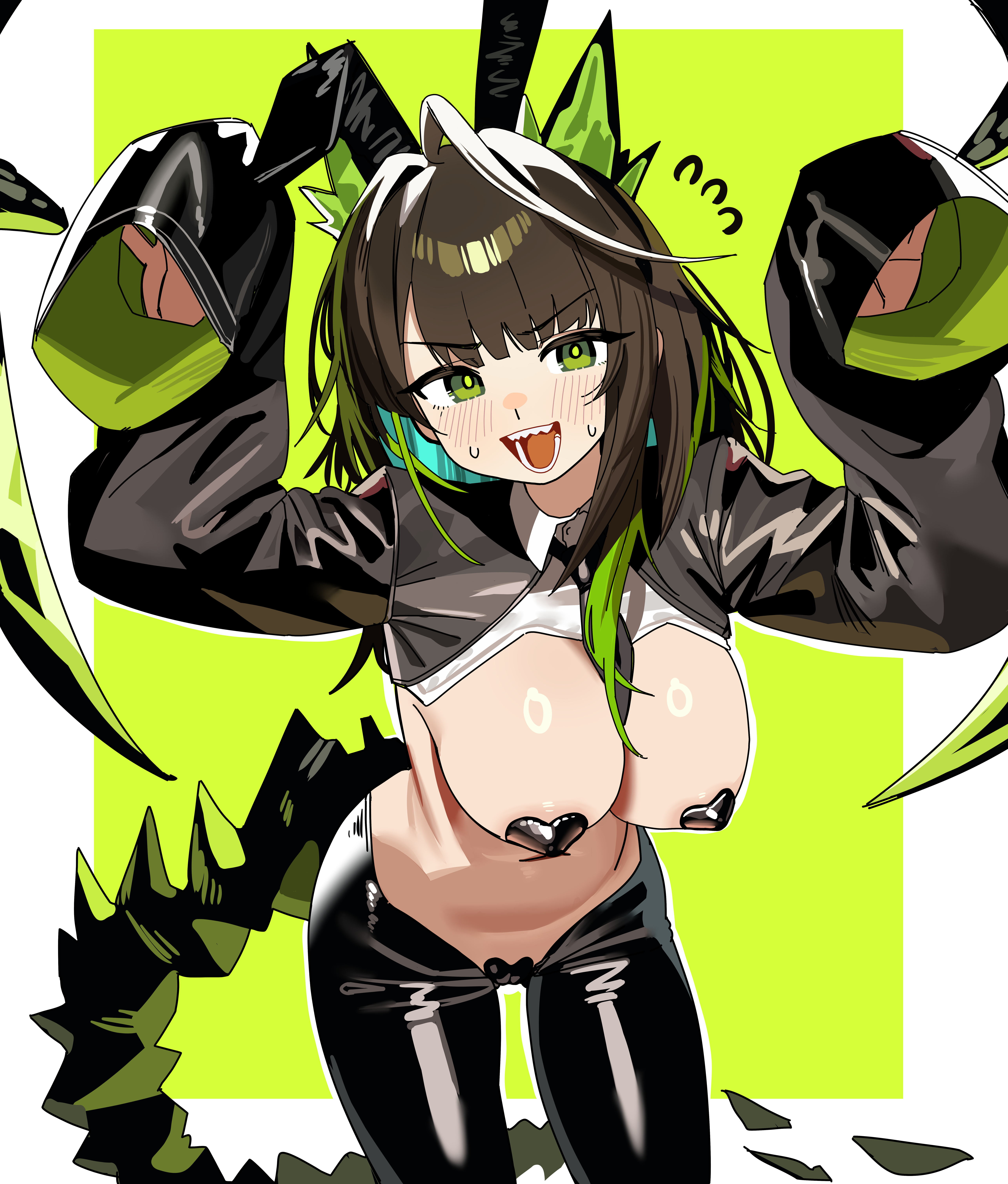 arknights, claw pose, female, female only, green eyes, maebari, mon3tr (arknights), pasties, reverse bunnysuit, ruppu, tail