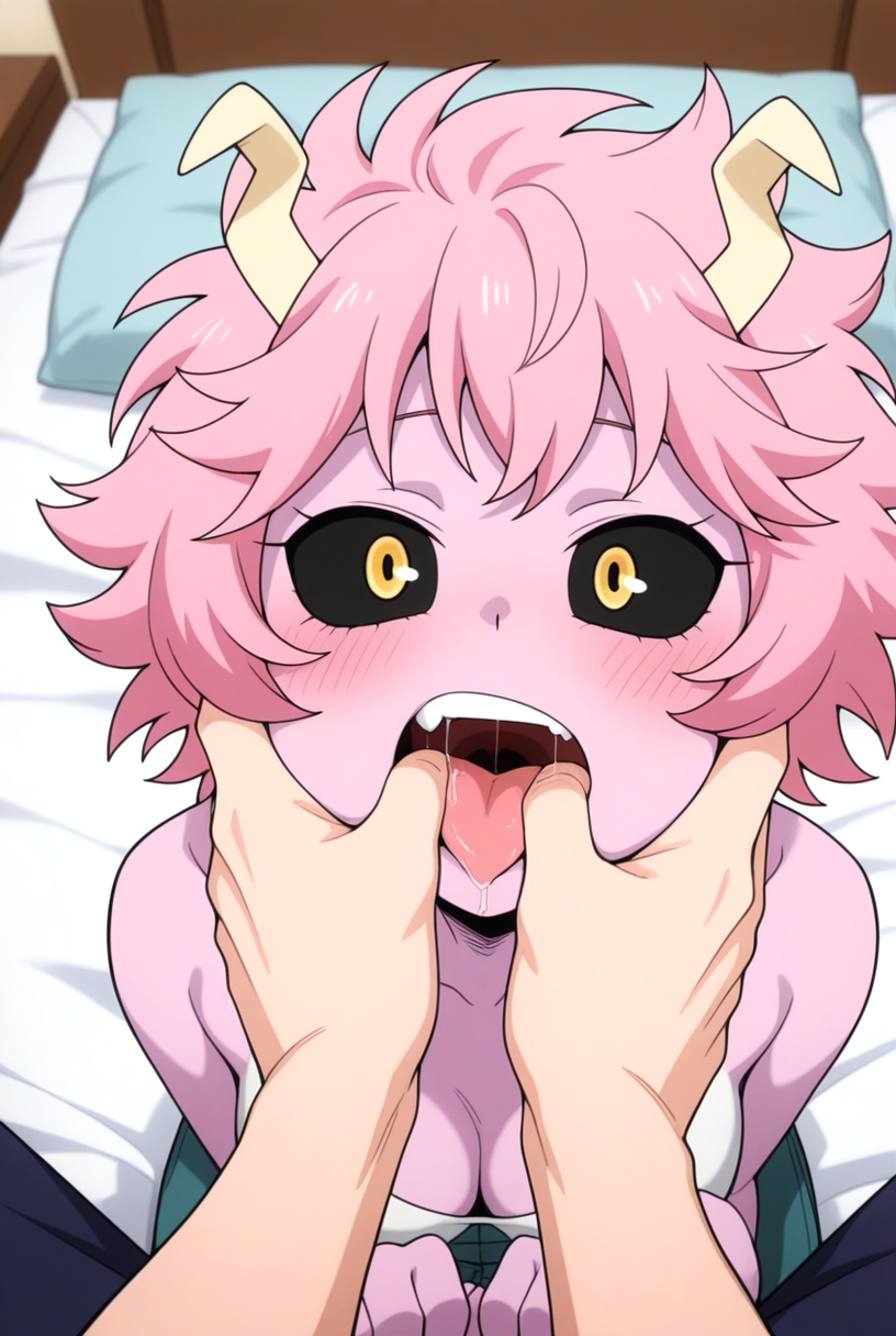 ai, ai assisted, ai generated, boku no hero academia, confused, fingers in mouth, mina ashido, my hero academia, spreading mouth