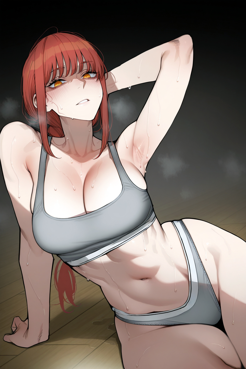 1girls, ai generated, bra, chainsaw man, female, female only, grey bra, grey panties, grey underwear, makima (chainsaw man), panties, red hair, solo, underwear, zloimakak
