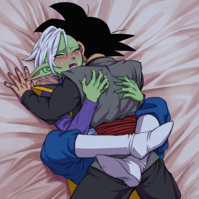 2boys blush core_person deity deity_on_deity deity_on_mortal dragon_ball dragon_ball_z gay goku_black green_skin lying lying_on_person male male/male male_only multiple_boys pointy_ears potara_earrings selfcest shoes silver_hair son_goku yaoi zamasu