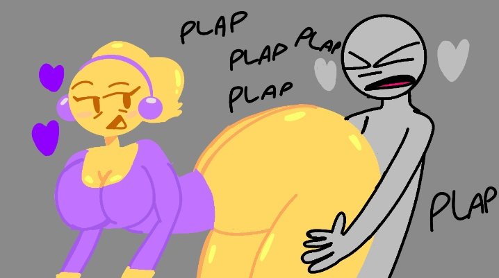 1boy, 1girls, ambiguous penetration, anon, ass, big ass, big butt, bottom heavy, bottomless, bottomless female, breasts, bubble ass, bubble butt, busty, doggy style, earrings, emoji (race), emojifam (sssir8), female, from behind, grey background, grey heart, heart, huge ass, larger female, looking back, male, massive ass, milf, mob face, moonraige, moonstadew, ms. bethany, onomatopoeia, open smile, plap, plap (sound), ponytail, purple heart, purple hearts, size difference, smaller male, that one boi, thick ass, thick thighs, thighs, tied hair, yellow body, yellow skin