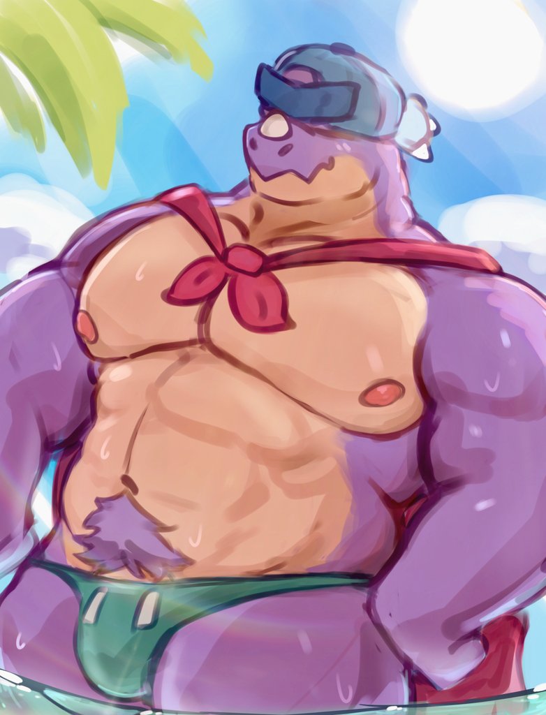 abs, arms on hips, bara, biceps, big chest, big pecs, big thighs, brawl stars, bulge, chest, chubby, dad bod, dinosaur, gay, happy trail, huge chest, huge pecs, lizardman, muscular, pecs, pierce (brawl stars), speedo, thick thighs, yaoi