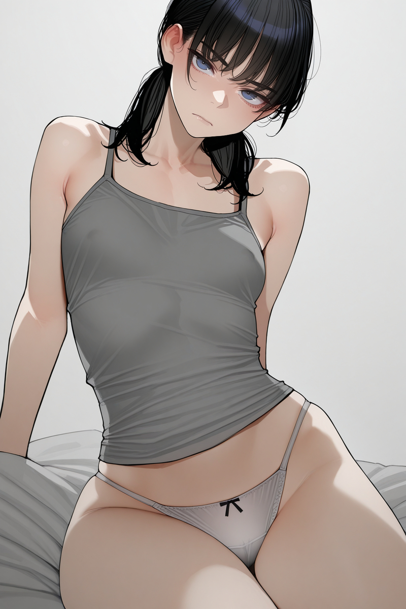 1girls, ai generated, black hair, chainsaw man, female, female only, mitaka asa, panties, shirt and panties, solo, white panties, zloimakak