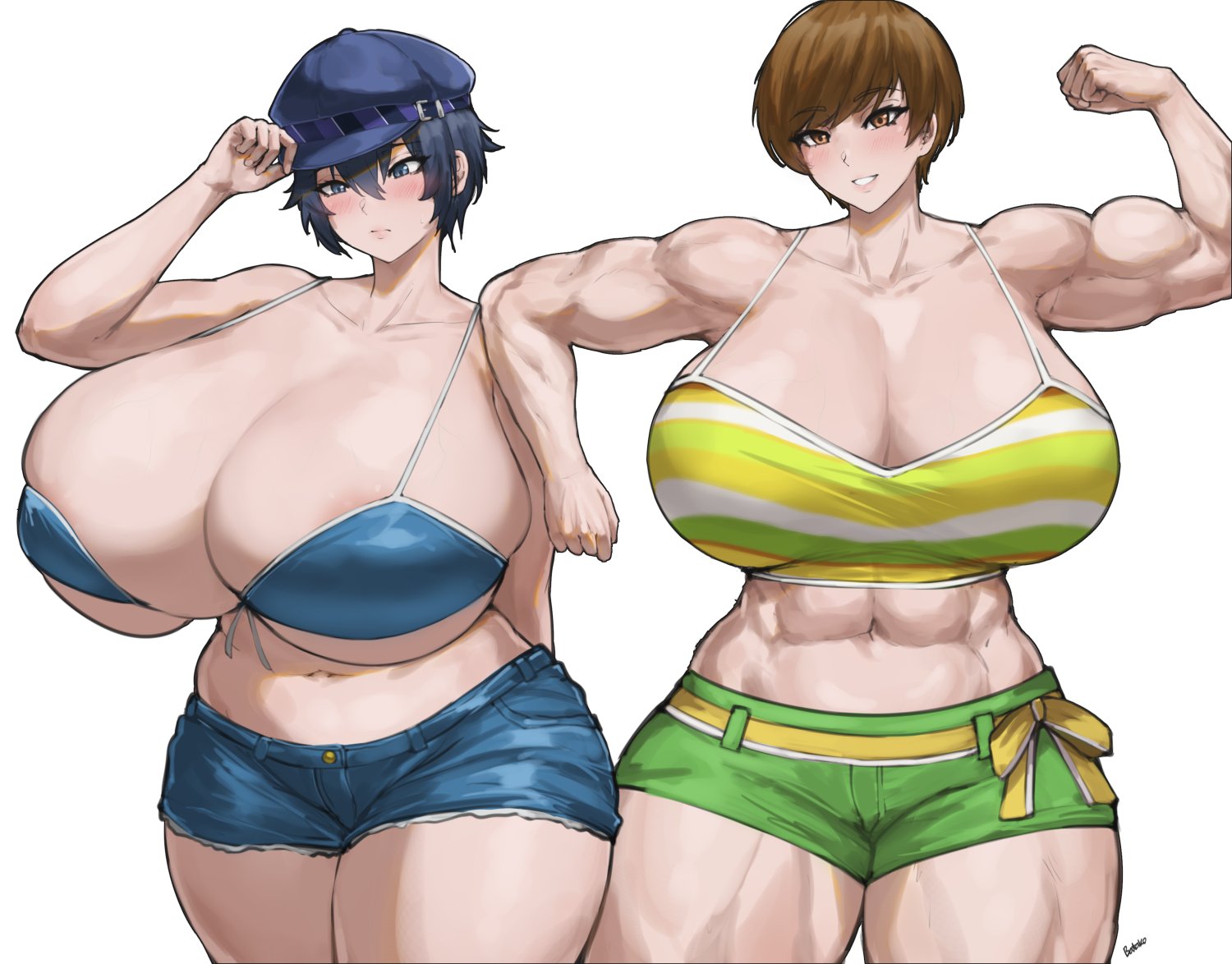 2026, 2d, 2d (artwork), 2d artwork, 2girls, abs, atlus, bakaatako, barely, barely clothed, barely contained, barely contained breasts, batako, big breasts, big thighs, blue, blue eyes, blue hair, breasts, brown eyes, brown hair, chie satonaka, curvaceous, curvaceous body, curvaceous female, curvaceous figure, curvaceous thighs, curvy, curvy female, curvy figure, curvy hips, female, female focus, female only, gigantic breasts, hat, huge breasts, huge thighs, hyper, hyper breasts, large breasts, large thighs, looking at viewer, looking pleasured, muscular, muscular arms, muscular female, muscular thighs, naoto shirogane, orange hair, pale skin, pale-skinned female, persona, persona 4, persona 4 the golden, plump, plump breasts, satonaka chie, shiny breasts, shiny skin, shiny thighs, shirogane naoto, short hair, shorts, smile, smiling, smiling at viewer, thick thighs, thighs, voluptuous, voluptuous ass, voluptuous body, voluptuous female, white background, white skin, white skinned female