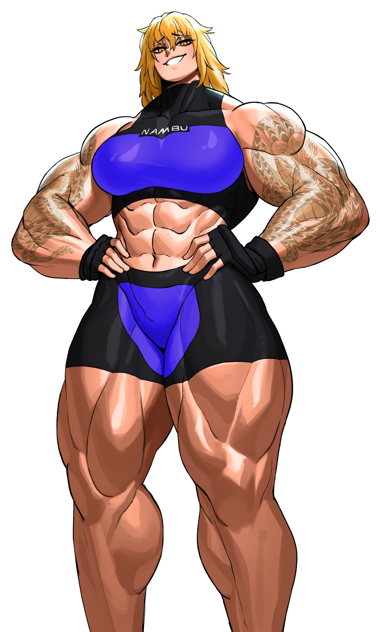 2d, 2d (artwork), 2d artwork, abs, bedroom eyes, biceps, blonde hair, blonde hair female, digital drawing (artwork), digital media (artwork), eyelashes, female, female focus, female only, isshou senkin, kissable lips, light skin, light skinned female, long hair, long hair female, looking down, looking pleasured, muscular, muscular arms, muscular female, muscular legs, muscular thighs, pleasure face, sena riko, smile, smiling, smiling at viewer, solo, solo female, solo focus, sotcho, star: strike it rich, tall female, tattoo, tattooed arm, thick thighs, thighs, thighs bigger than head, yellow eyes