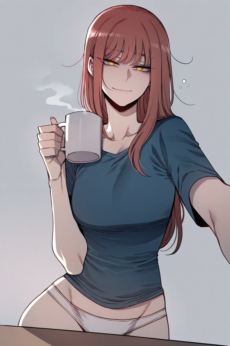 1girls, ai generated, blue shirt, chainsaw man, female, female only, makima (chainsaw man), mug, panties, red hair, shirt, shirt and panties, solo, white panties, zloimakak