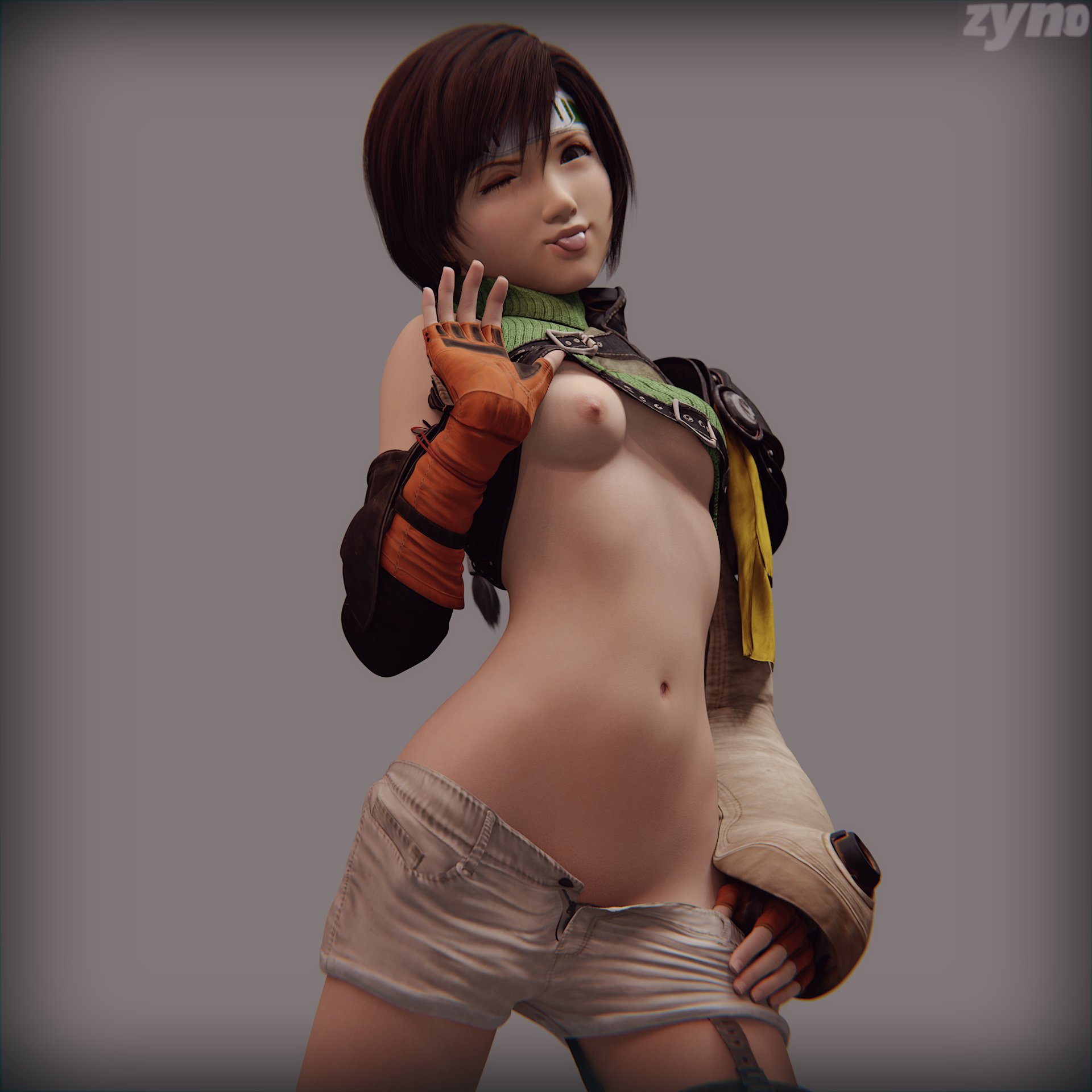 1girls, 3d, breasts, female, female only, final fantasy, final fantasy vii, nipples, shirt lift, small breasts, solo, square enix, tongue out, wink, yuffie kisaragi, zynotheum