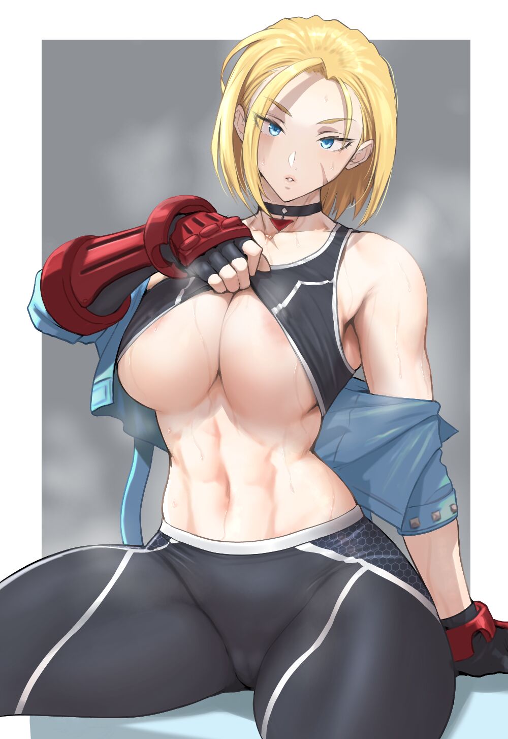 abs, anagumasan, areola slip, areolae, big breasts, black choker, black pants, black shirt, blonde hair, blue eyes, breasts, cammy white, cammy white (street fighter 6), capcom, choker, clothes pull, collarbone, female, fingerless gloves, gauntlets, gloves, highres, jacket, large breasts, looking at viewer, navel, non-web source, open clothes, open jacket, pants, scar, scar on cheek, scar on face, shirt, shirt pull, short hair, solo, stomach, street fighter, street fighter 6, sweat, teasing, thick thighs, thighs, underboob, wide hips