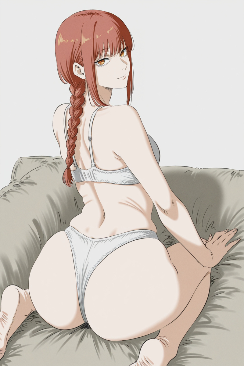 1girls, ai generated, ass, bra, chainsaw man, female, female only, kneeling, makima (chainsaw man), panties, ponytail, red hair, solo, underwear, white bra, white panties, white underwear, zloimakak
