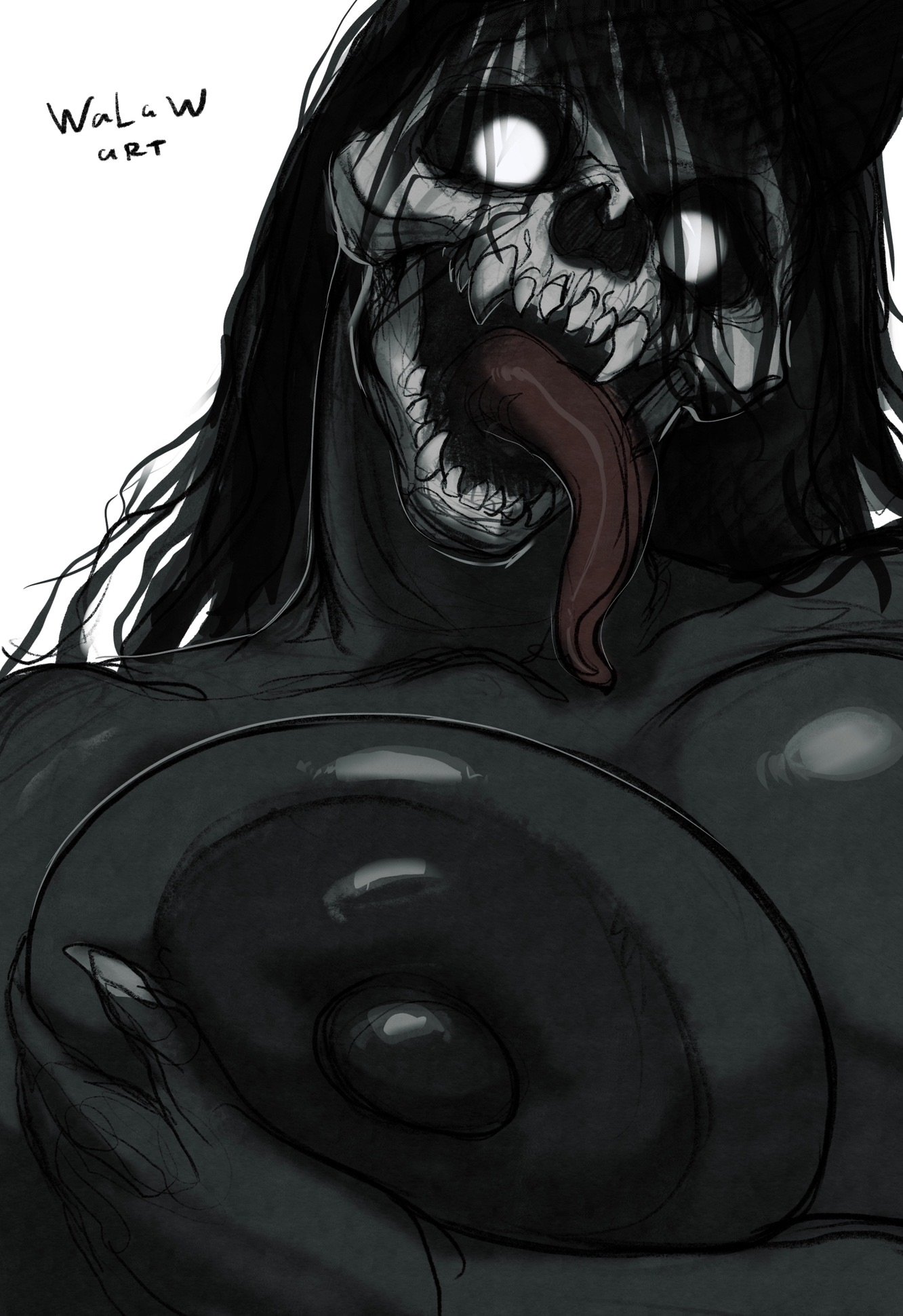 1girls, areola, areolae, big breasts, black body, black fur, black hair, breasts, canid, canine, chubby, chubby female, close-up, female, female focus, female only, furry, furry female, furry only, huge boobs, huge breasts, long hair, long tongue, mal0, mal0 (species), malo, mature female, milf, nipples, open mouth, presenting breasts, scp foundation, scp-1471, scp-1471-a, sharp teeth, skull, skull head, skulldog (species), slightly chubby, solo, solo focus, tongue, tongue out, upper body, walaw, wet hair