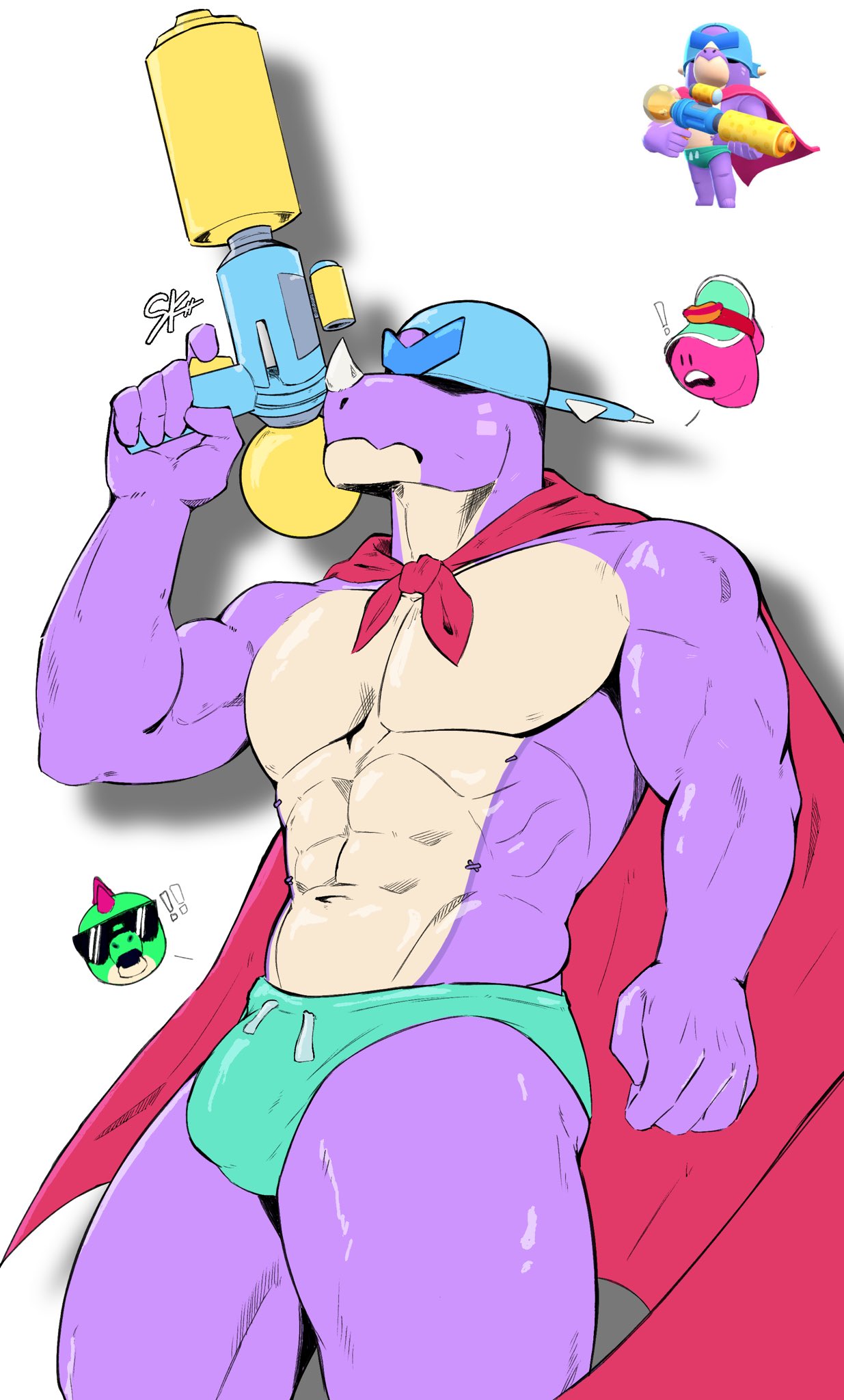 bara, biceps, big chest, big pecs, big thighs, brawl stars, buff, bulge, butt bulge, chest, dinosaur, gay, huge chest, huge pecs, huge thighs, lizardman, muscular, pecs, pierce (brawl stars), speedo, thick thighs, v line, yaoi