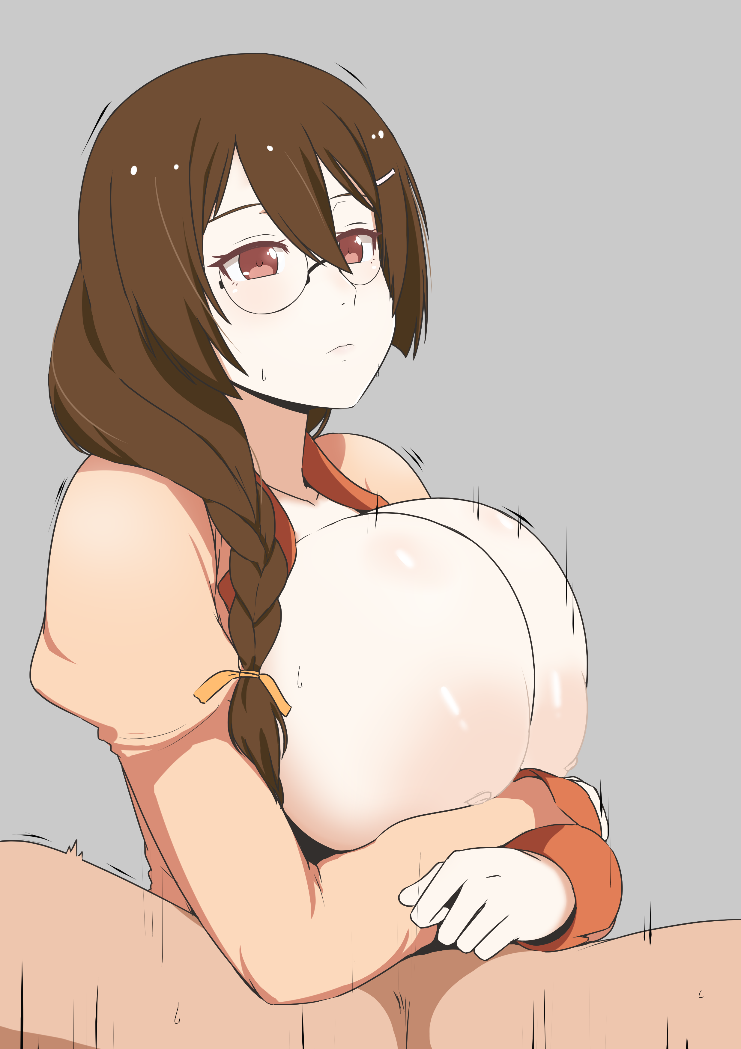 1boy, 1girls, 2025, 2d (artwork), bakemonogatari, big breasts, breasts, breasts squeezed together, brown hair, camisole, cleavage, female, glasses, hanekawa tsubasa, high resolution, highres, huge breasts, light skin, light-skinned female, light-skinned male, looking at viewer, male, male pov, monogatari (series), nao (ritsancrossover), no background, paizuri, pink eyes, pov, seductive smile, smile, smug, titjob, trembling