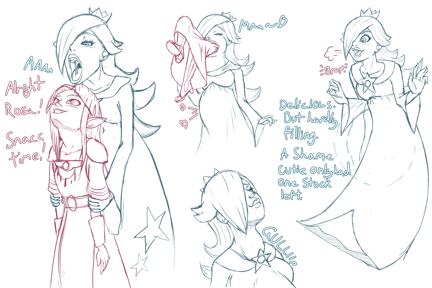 a link between worlds, burping, digested, digested prey, digestion, mario (series), princess rosalina, princess zelda, same size vore, shdingo, soft vore, super mario bros., super mario galaxy, super smash bros., swallowed whole, swallowing, the legend of zelda, vore, vore belly, willing, willing prey, willing vore, zelda (a link between worlds)