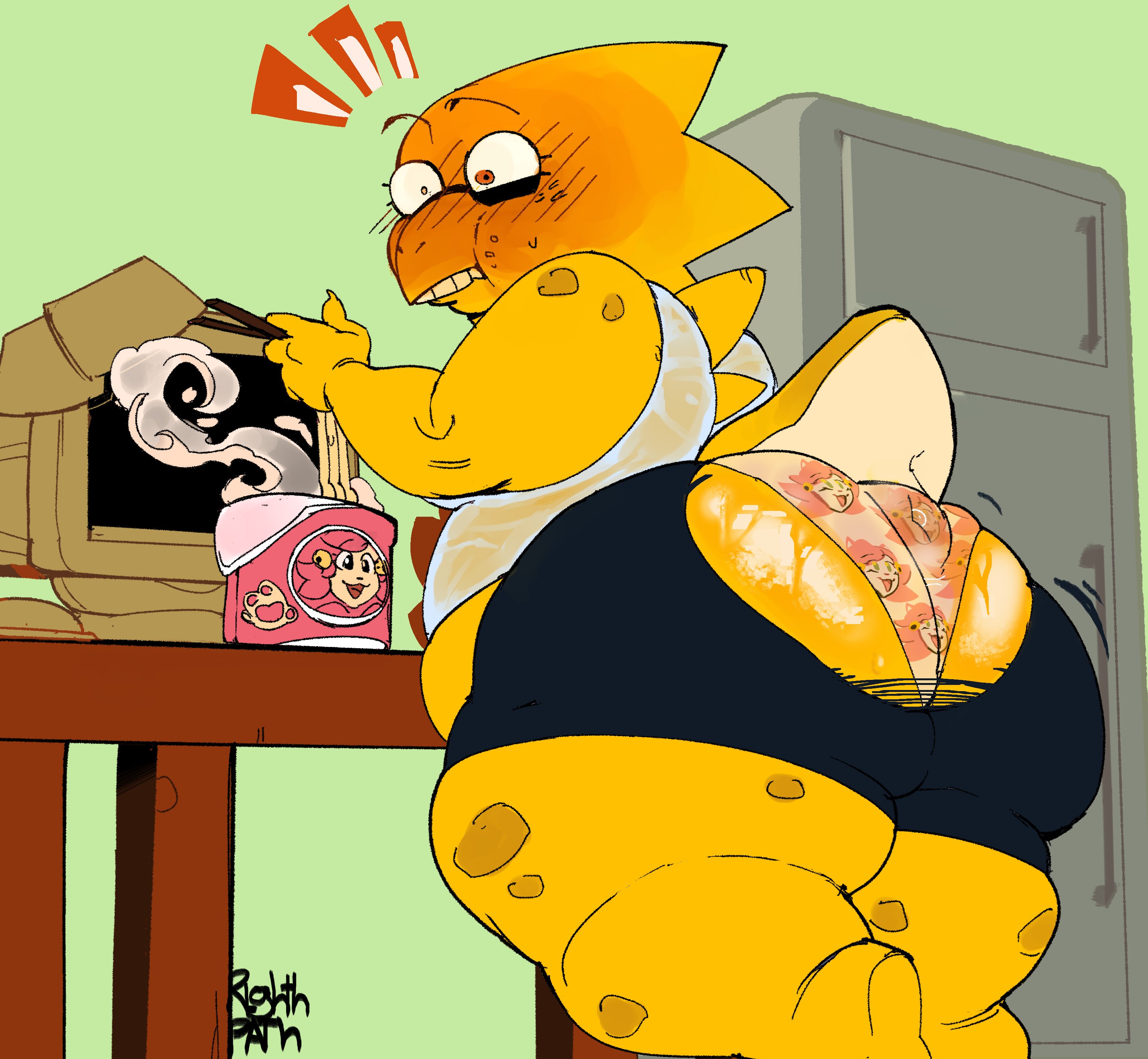 alphys, alphys (undertale), big ass, big butt, blush lines, blushing, chubby, chubby female, deltarune, fat ass, fat butt, female, female only, food, glasses, huge ass, literally hot, mad mew mew, mew mew (undertale), mr rightpath, panties, ramen, ripped clothing, see-through clothes, see-through clothing, tagme, tail, undertale, undertale (series), yellow skin