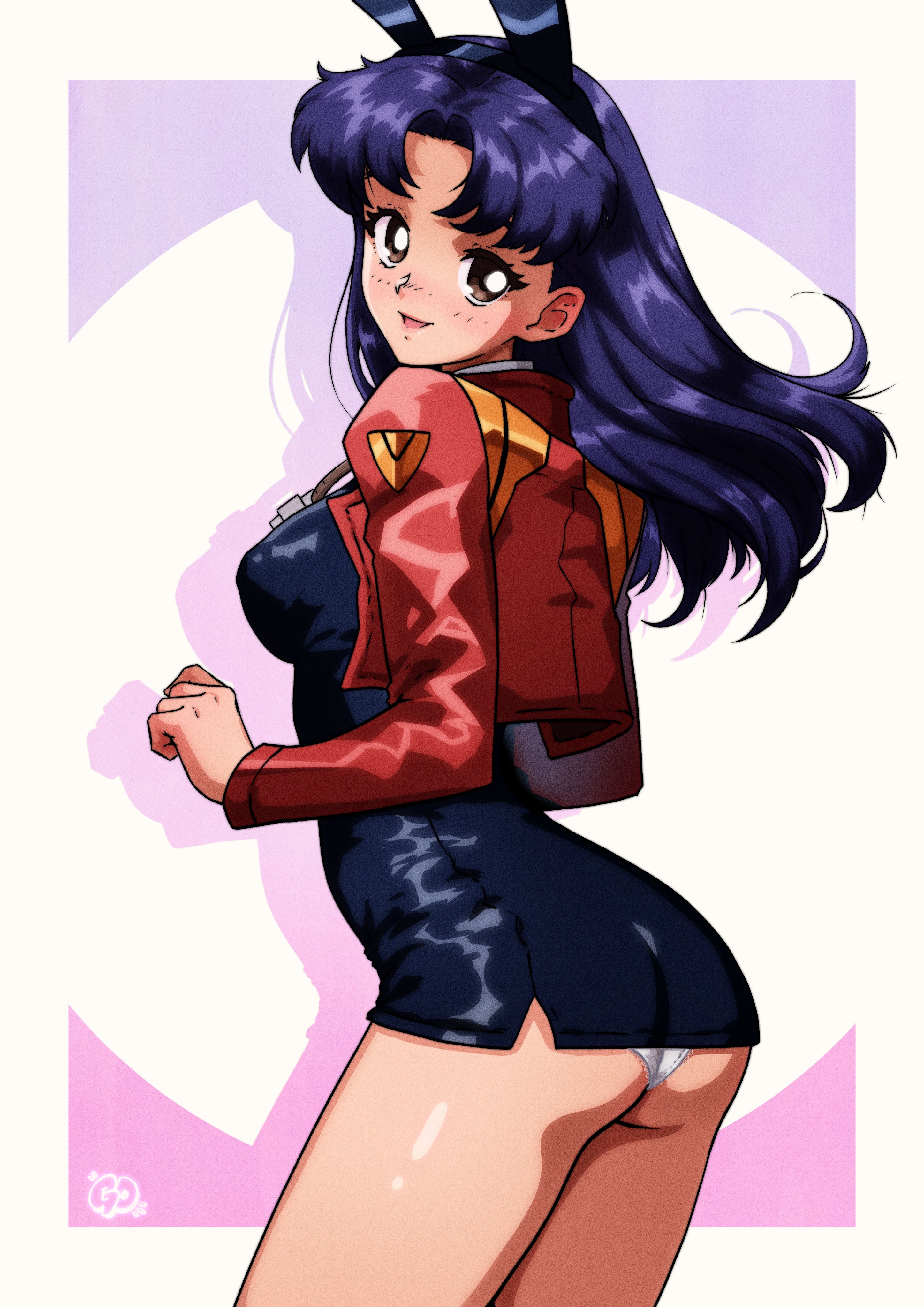 1girls, alternate version available, ass, black dress, breasts, brown eyes, bunny ears, clothing, dress, fake animal ears, female, female only, female solo, gravydood, hair, high resolution, highres, jacket, long hair, mature, mature female, mature woman, medium breasts, misato katsuragi, necklace, neckwear, neon genesis evangelion, pantyshot, purple hair, red jacket, short dress, smile, solo, solo female, solo only, thighs, white panties