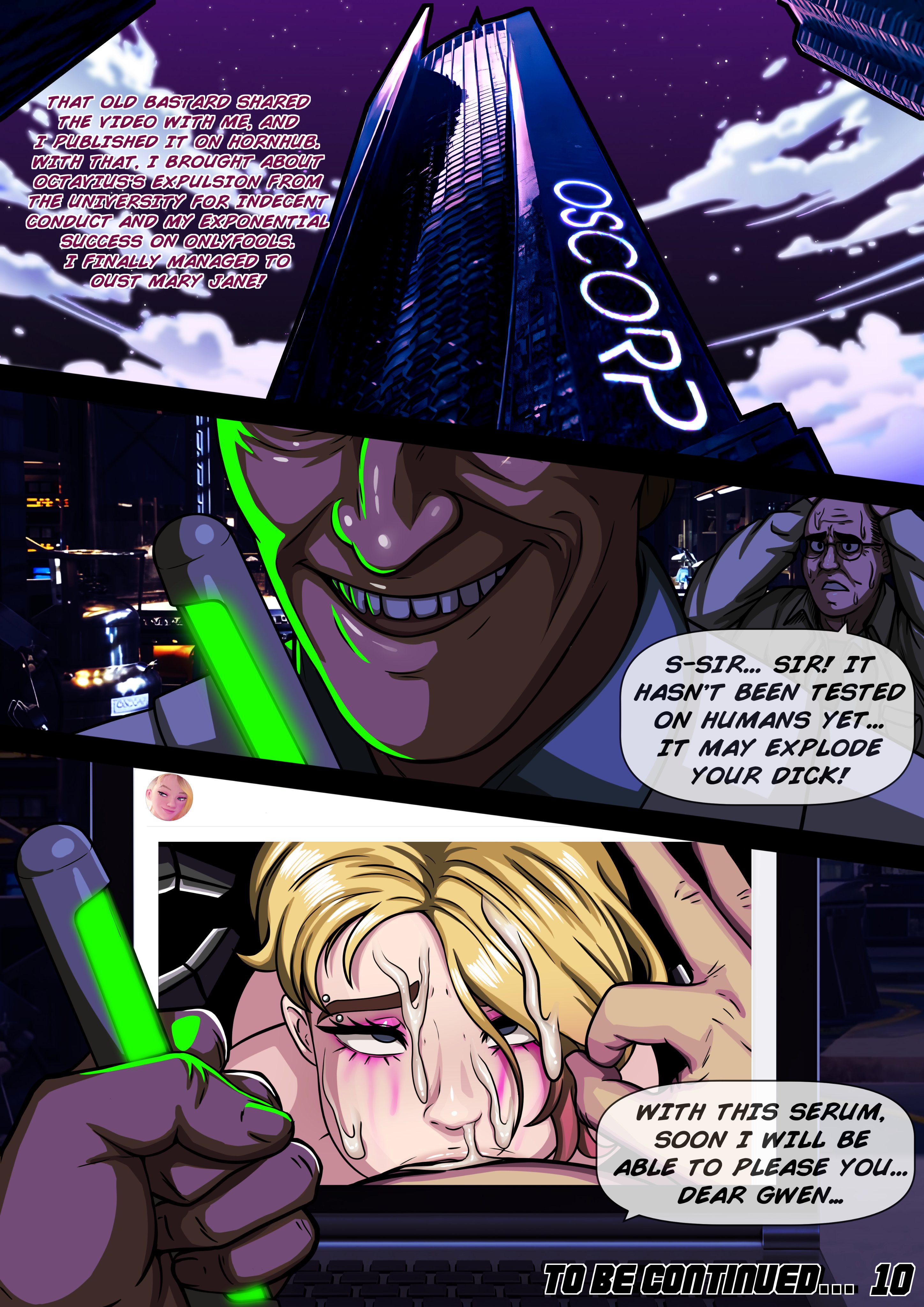1boy, 1girls, absurd res, anal only, blowjob, cum, cum on face, defeated, defeated heroine, english text, female, female focus, gwen stacy, gwen stacy (spider-verse), hi res, light skin, light-skinned female, looking at viewer, male, male penetrating female, marvel, nowajoestar, oral, oral sex, penis, sex, spider-gwen, spider-man (series), superheroine, text
