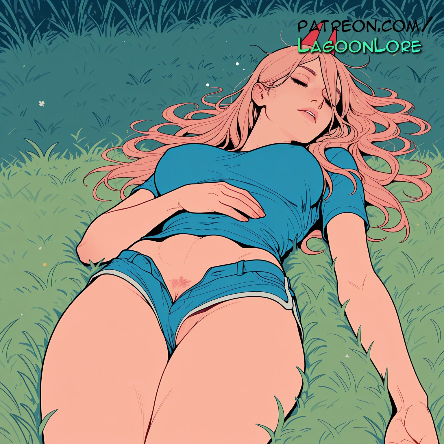 against tree, ai generated, artist name, bush, chainsaw man, christmas tree, dandelion, faux figurine, female, female pubic hair, field, fireflies, flower field, foliage, forest, garden, grass, green theme, hi res, highres, hill, jungle, lagoonlore, leaf, log, long hair, moss, mushroom, nature, on grass, on ground, outdoors, overgrown, palm leaf, path, patreon, patreon username, plant, pond, power (chainsaw man), pubic hair, pussy peek, rock, shorts, sleeping, solo, tree, tree shade, tree stump, under tree, watermark, wheat, wooden fence
