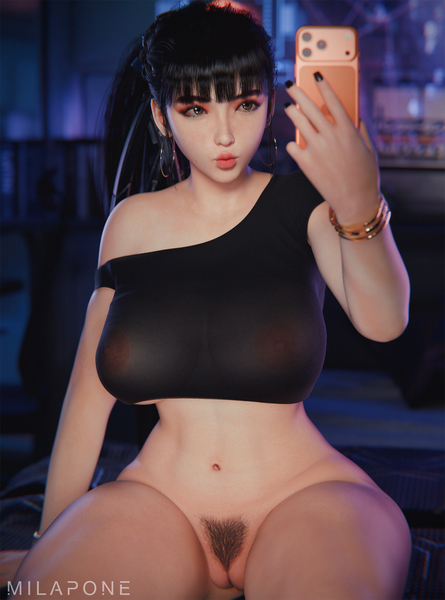 1girls, 3d, big breasts, black hair, bottomless, cellphone, eve (stellar blade), female, female pubic hair, milapone, pubic hair, pussy, selfie, solo, stellar blade