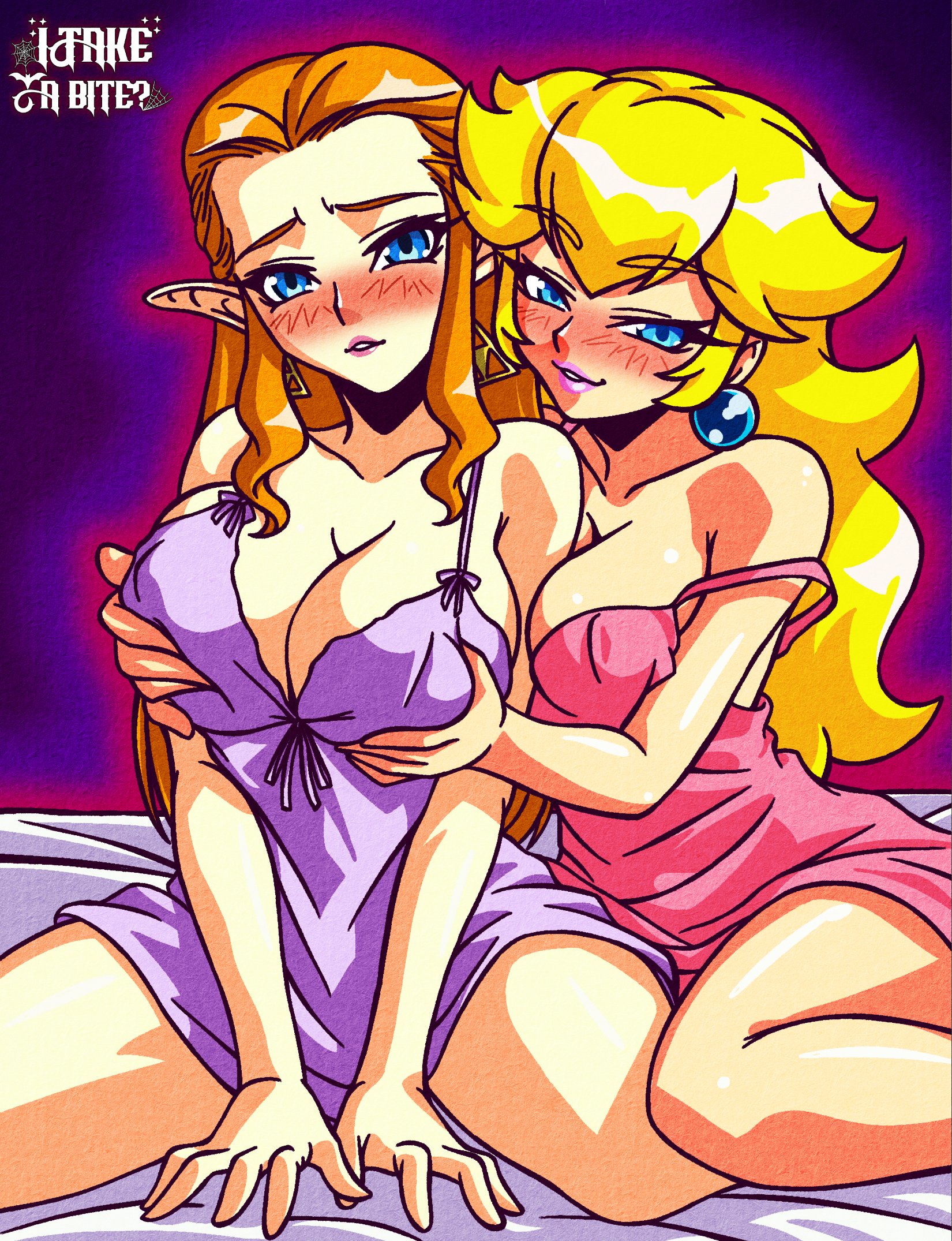 2girls, blonde hair, blue eyes, blush, breast grab, breasts, clothed, clothing, company connection, crossover, duo, female, female only, ginger hair, itakeabite, light skin, light-skinned female, looking at viewer, mario (series), nintendo, ocarina of time, princess peach, princess zelda, the legend of zelda, yuri, zelda (ocarina of time)