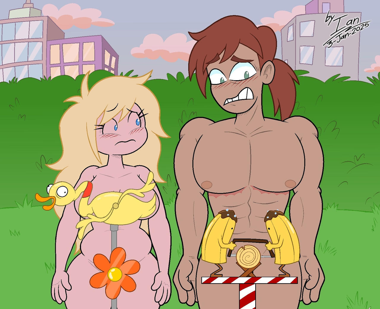 1boy, 1girls, adventure time, adventure time: fionna & cake, both sexes in same situation, convenient censoring, embarrassed, embarrassed nude female, embarrassed nude male, enf, enm, fionna campbell, fionna the human girl, hunter, hunter (fionna and cake), hunter wizard, natural born kissers, nude, nude female, nude male, outdoor nudity, outdoors, parody, public, public nudity, raccoonmugen, tagme, the simpsons reference