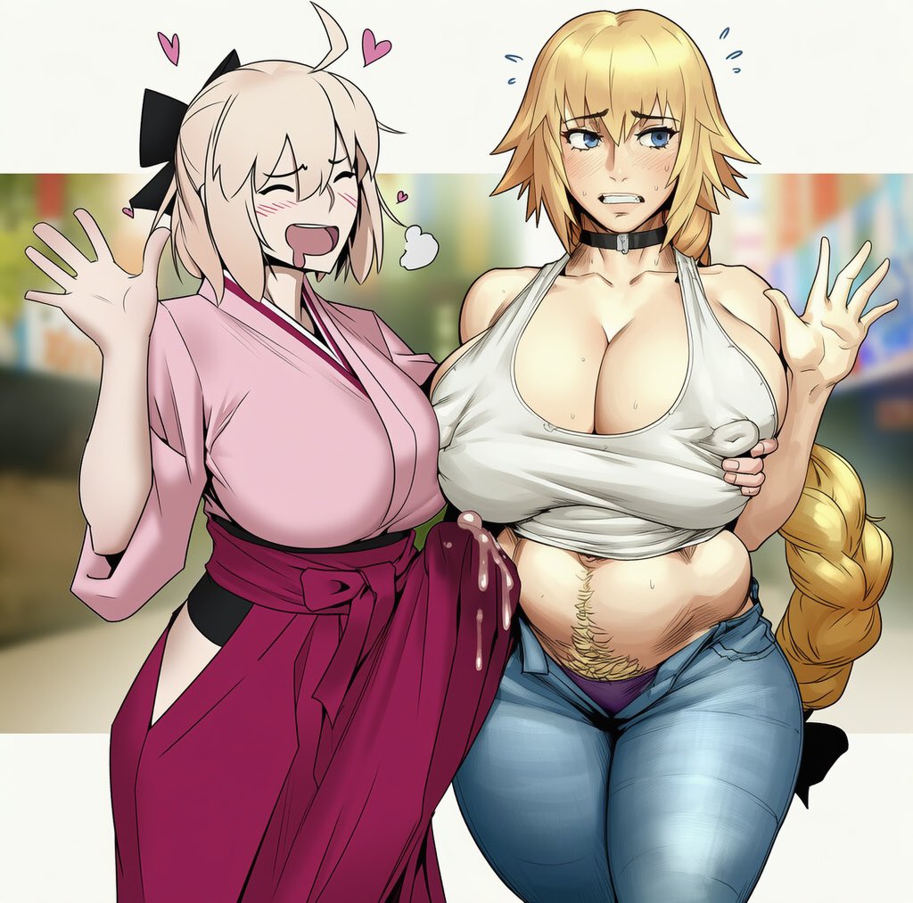 1futa, 1girls, 2d, ahoge, ai generated, ass, big ass, big breasts, big cock, big penis, blonde hair, blue eyes, blush, bow, braid, breasts, bulge, bulge through clothing, bulge under clothes, choker, cleavage, clenched teeth, closed eyes, cock, collar, denim, dick, drooling, enormous cock, enormous penis, erect nipples, erect nipples under clothes, erection, erection under clothes, fat cock, fate (series), female, female pubic hair, femsub, futa, futa cock, futa on female, futa with female, futadom, futanari, gigantic cock, gigantic penis, grabbing another's breast, grabbing breasts, grabbing from behind, groping, groping breasts, hairbow, heart, huge breasts, huge cock, hung, imminent sex, jeanne d'arc (fate), kimono, large breasts, leaking precum, long braid, long hair, long penis, mature, mature body, mature figure, mature futa, mature woman, medium breasts, navel, nervous, okita souji (fate), okita souji (fate) (all), onilapper, open mouth, panties, penis, precum, precum bubble, precum leak, precum leaking, precum on penis, precum through clothing, pubic hair, pubic hair peek, single braid, submissive, submissive female, sweat, tank top, thick, thick thighs, thighs, voluptuous, voluptuous female, voluptuous futanari, waving, wide hips