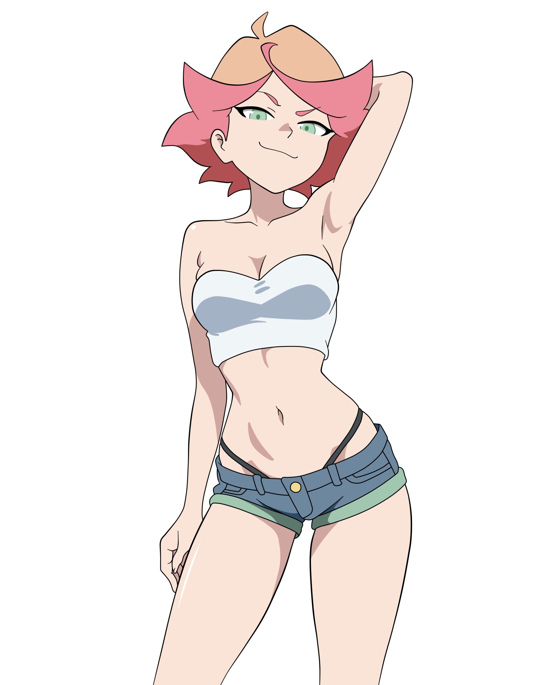 1girls, amanda o'neill, armpits, booty shorts, female, female only, green eyes, infd, little witch academia, looking at viewer, orange hair, pink hair, skimpy, skimpy clothes, sports bra, thong, tomboy, two-tone hair