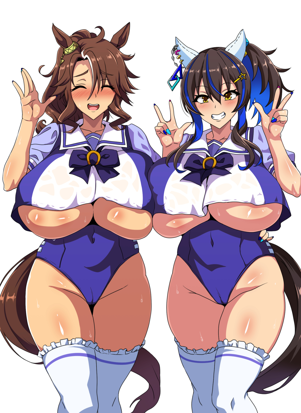 2girls, blush, breasts, brown hair, closed eyes, daitaku helios (umamusume), double v, female, female only, horse ears, horse girl, horse tail, huge breasts, leotard, light skin, light-skinned female, mejiro palmer (umamusume), multicolored hair, navel visible through clothes, ponytail, side ponytail, skindentation, smile, thick thighs, thighhighs, tied hair, tony man, umamusume, umamusume pretty derby, underboob, v