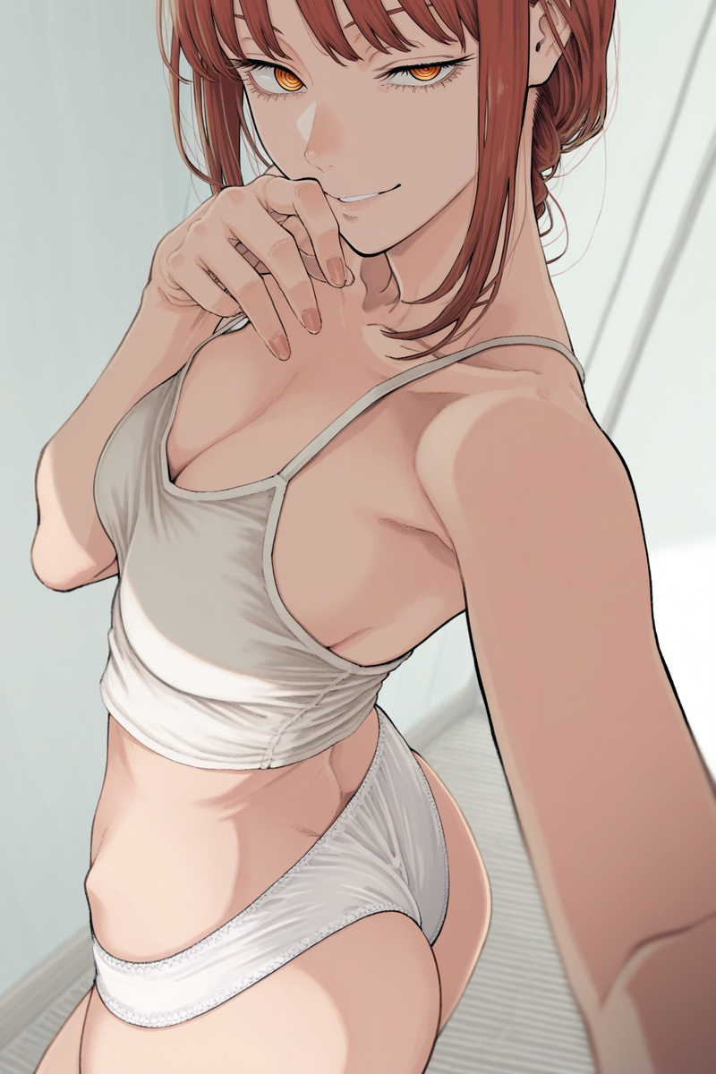 1girls, ai generated, ass, chainsaw man, female, female only, makima (chainsaw man), panties, red hair, shirt and panties, solo, underwear, white panties, zloimakak