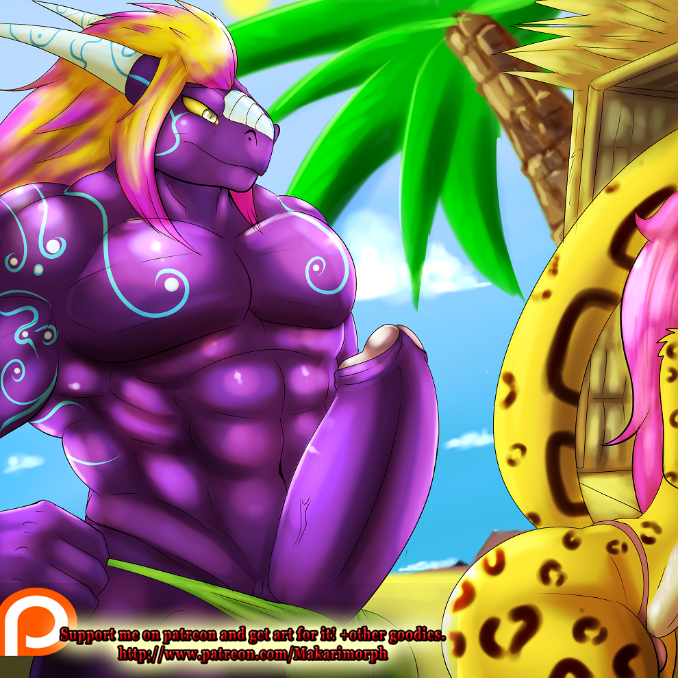 anthro beach bieesha big_penis cheetah dragon feline horn hut makarimorph male_only mammal muscular outside palm_tree penis seaside size_difference tree voyeur voyeurism