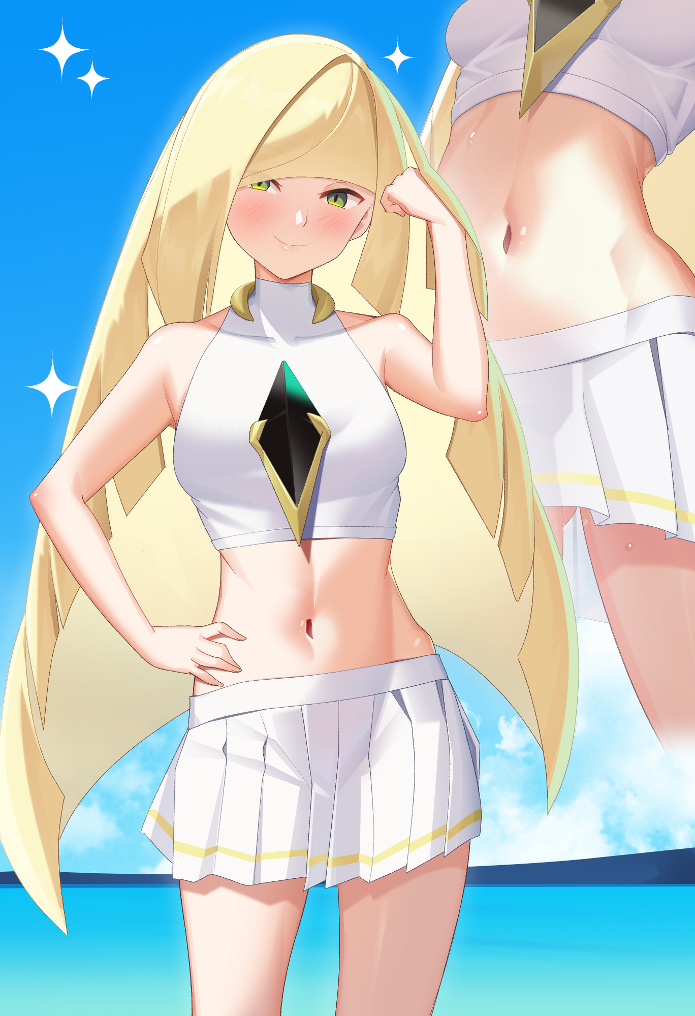 1girls, bare shoulders, belly, belly button, blonde hair, bottomwear, breasts, close-up, crop top, female, female only, game freak, gazing eye, green eyes, hair, hand on hip, long hair, lusamine (pokemon), mature, mature female, mature woman, medium breasts, milf, miniskirt, mother, navel, pleated skirt, pokemon, pokemon sm, short skirt, skirt, smile, solo, solo female, sparkles, swimwear, topwear, very long hair, white skirt