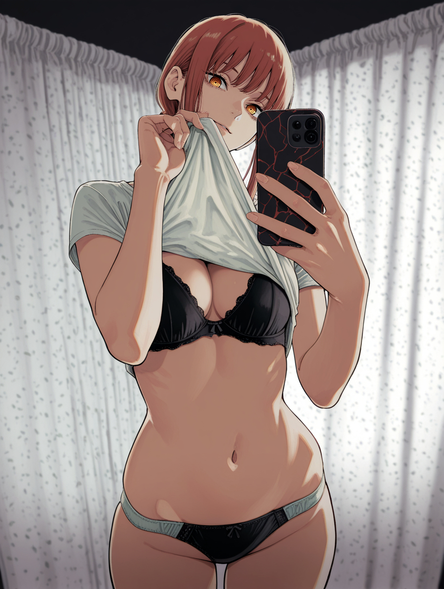 1girls, ai generated, black bra, bra, chainsaw man, female, female only, makima (chainsaw man), panties, phone, red hair, shirt lift, solo, underwear, zloimakak