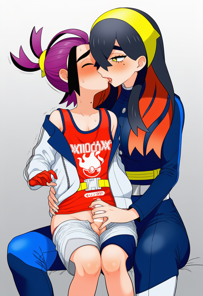age difference, ai generated, black hair, blush, brother and sister, carmine (pokemon), clothed female, hand on penis, handjob, incest, kieran (pokemon), kissing, light-skin, novelai, older female, older sister, pants pulled down, pokemon, pokemon sv, pokemon sv teal mask, purple hair, sitting on lap, undressing, yellow eyes, younger brother, younger male