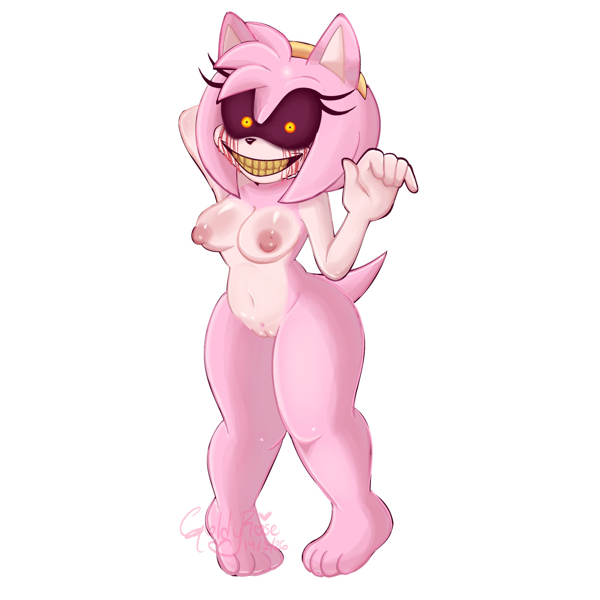 1girls, amy rose, areolae, big breasts, black sclera, blood on face, breasts, completely nude, completely nude female, demon girl, female, female focus, female only, fur, furry female, genitals, glowing eyes, goldyrose22, hairband, looking at viewer, naked, naked female, nipples, nude, nude female, pillar chase 2, pink body, pink fur, pussy, sega, simple background, smiling at viewer, solo, solo female, solo focus, sonic (series), sonic the hedgehog (series), sonic.exe (series), tail, thorn (pillar chase 2), vagina, white background, yellow eyes