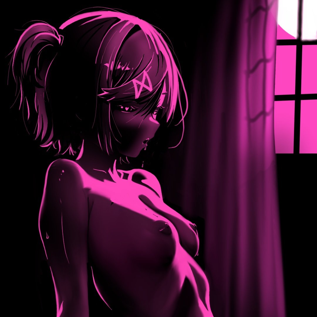 arm support, bob cut, breasts, commentary, completely nude, curtains, dark, doki doki literature club, english commentary, eyelashes, female, full moon, hair between eyes, hair ornament, half-closed eyes, heart, heart-shaped pupils, high contrast, implied cunnilingus, implied sex, jason viera, leaning back, loose hair strand, monochrome, moon, natsuki (doki doki literature club), nipples, nude, open mouth, pink eyes, pink hair, pink light, pink theme, projektxi01, saliva, shiny skin, short hair, small breasts, solo, sweat, swept bangs, symbol-shaped pupils, teeth, two side up, upper body, upper teeth only, window, x hair ornament