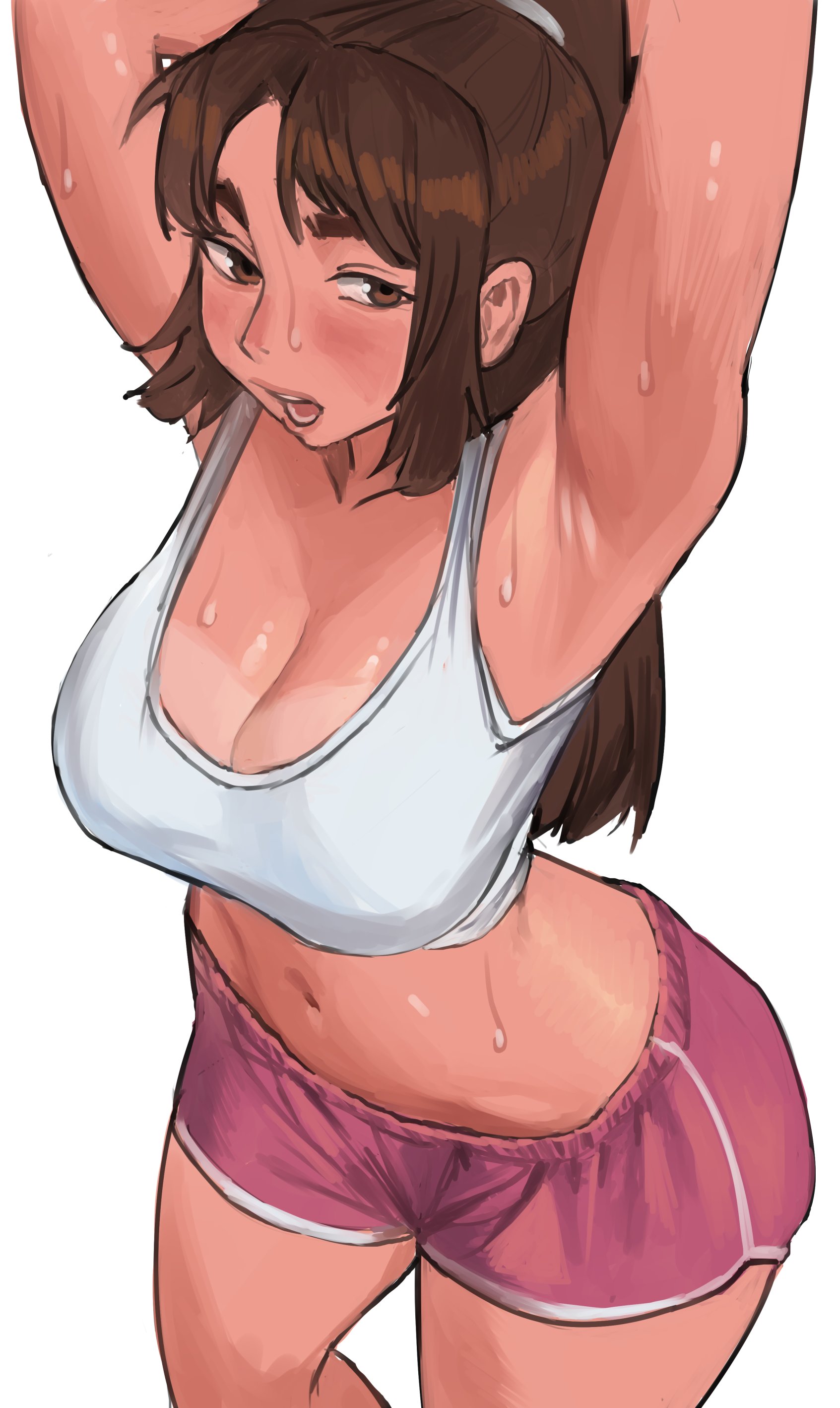 armpit crease, armpits, belly button, big breasts, booty shorts, brown eyes, brown hair, dairenke art, dolphin shorts, fatal fury, huge breasts, mai shiranui, mai shiranui (casual), ponytail, short shorts, shorts, snk, street fighter, street fighter 6, sweat, sweaty, tank top, tanline, warm