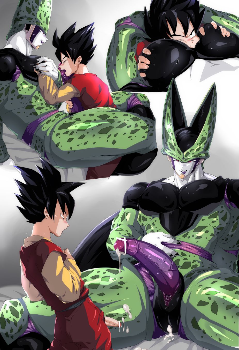 2boys after_sex age_difference bara beat_(dragon_ball) black_hair blush cell_(dragon_ball) cum cum_in_ass cum_on_body cumdrip dragon_ball dragon_ball_z drooling erection gay happy_sex large_penis larger_male leg_lock licking_lips lying male male_only muscle naughty_face penis perfect_cell restrained saliva sex sitting size_difference smaller_male smile steam sweat tagme testicles tongue tongue_out udimushi_(artist) yaoi young