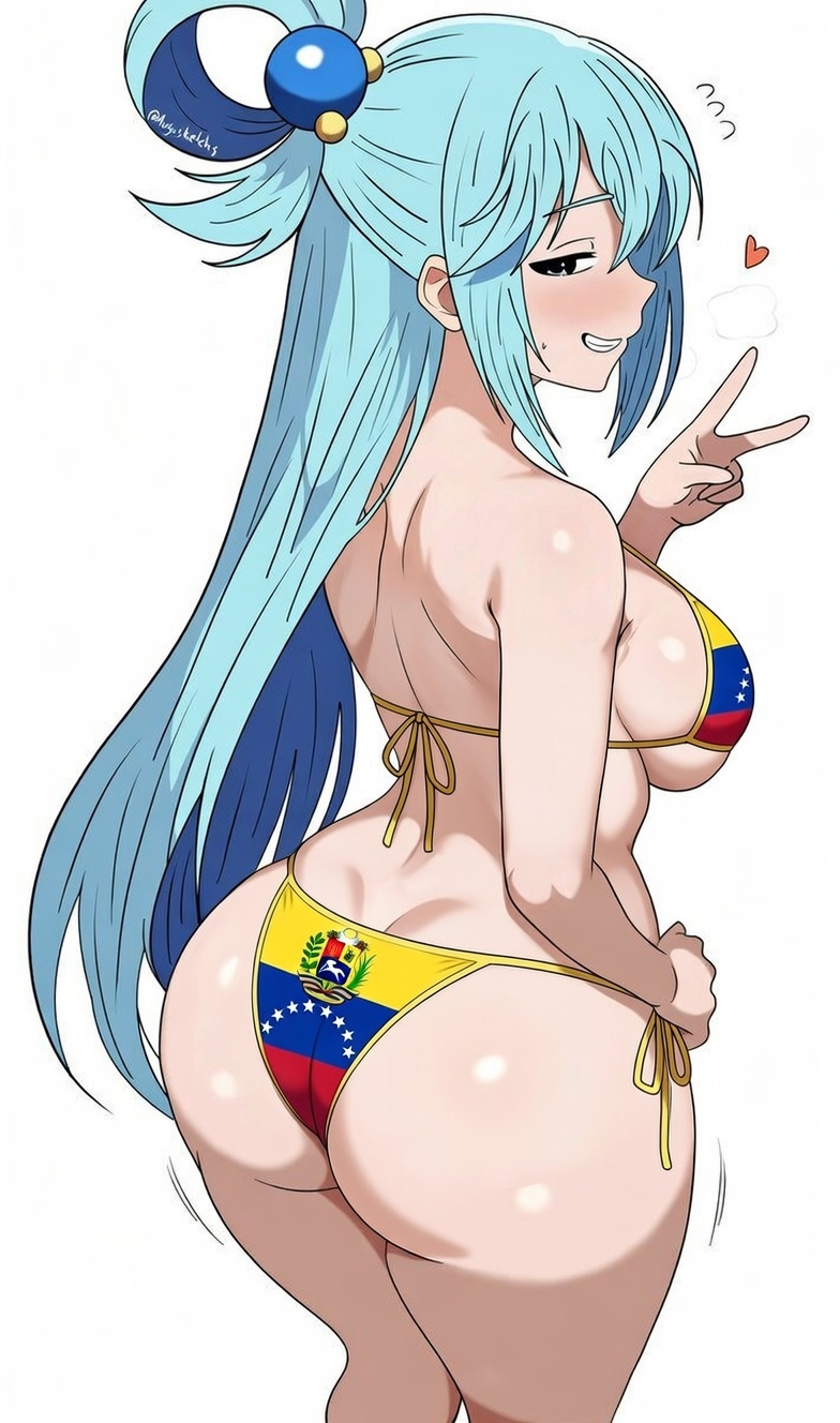 1girls, ai assisted, ai edit, aqua (konosuba), aqua eyes, aqua hair, ass, ass focus, augusketchs, back view, big ass, big breasts, bikini, breasts, edit, edited, female, female only, fuckable butt, huge ass, huge breasts, konosuba, light-skinned female, micro bikini, shiny skin, slutty female, smug face, solo, v sign, venezuela, venezuelan flag, viewed from behind